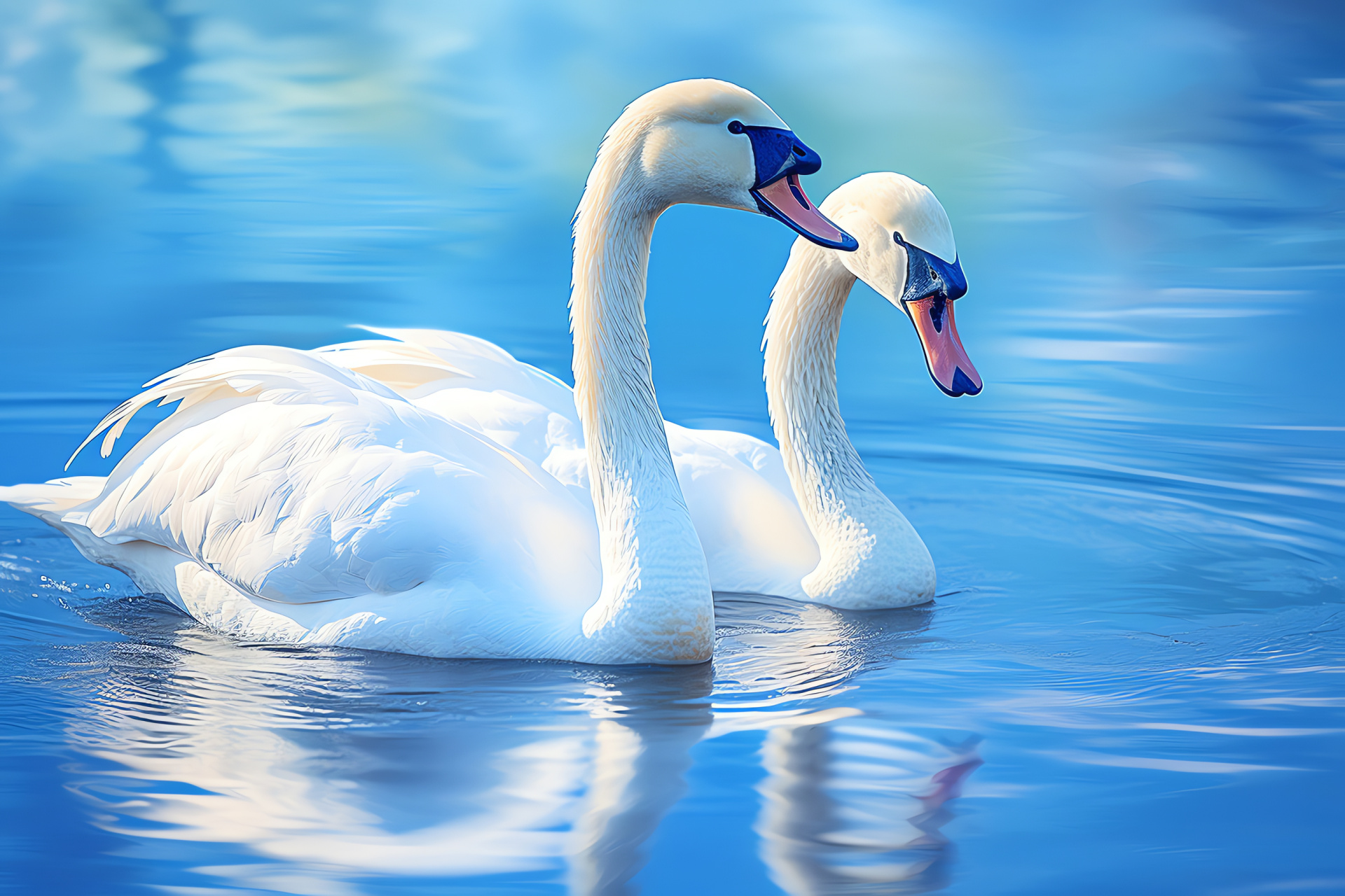 Tundra Swans, pure white waterfowl, lake serenity, vocal bird calls, delicate avian features, HD Desktop Image