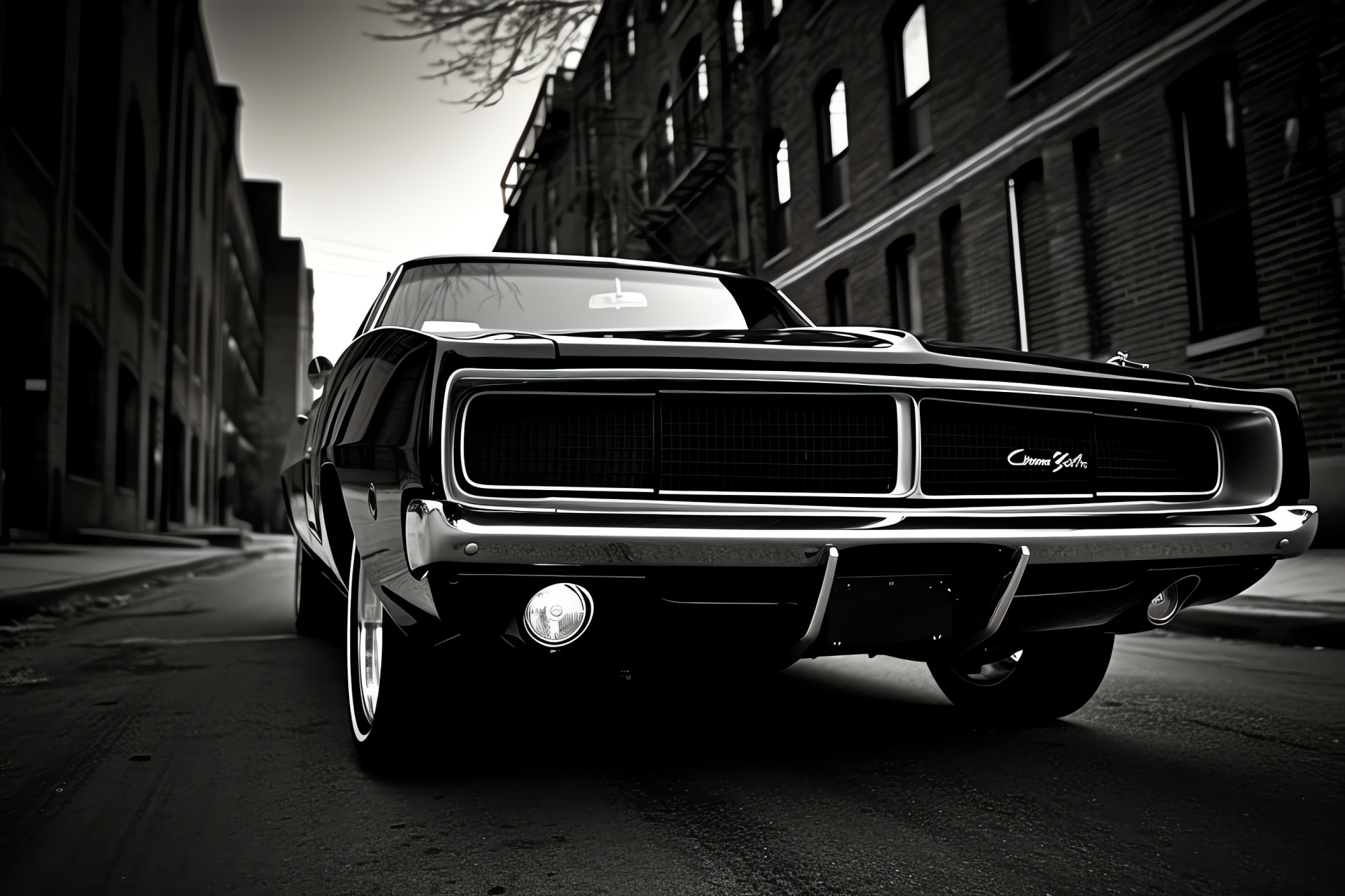 Iconic Dodge Charger R/T, Muscle Car Alley showcase, Wide muscle car fenders, Domineering auto grille, Retro vehicle design, HD Desktop Wallpaper