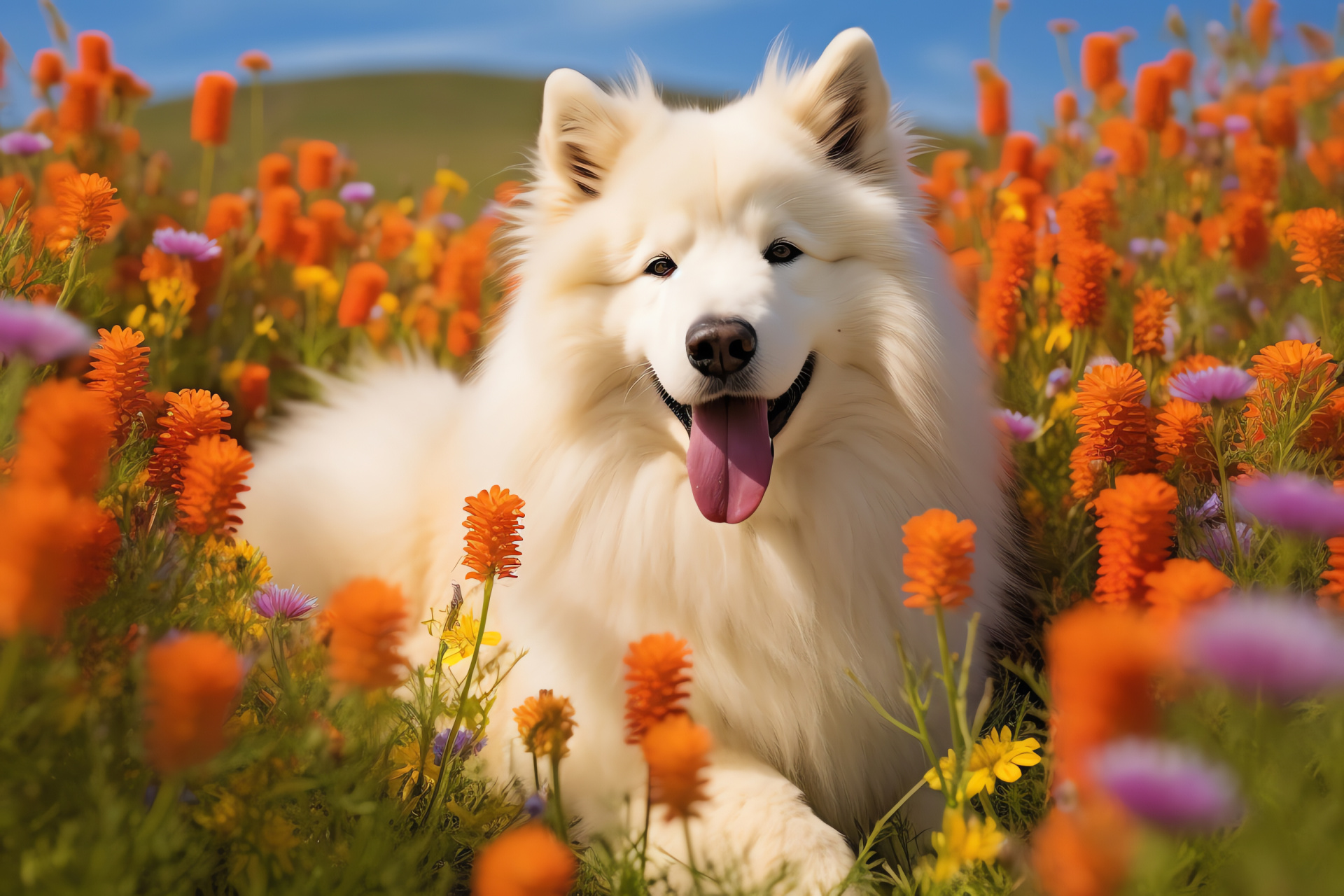 Samoyed, canine gaze, fluffy coat, natural tapestry, pet charm, HD Desktop Image