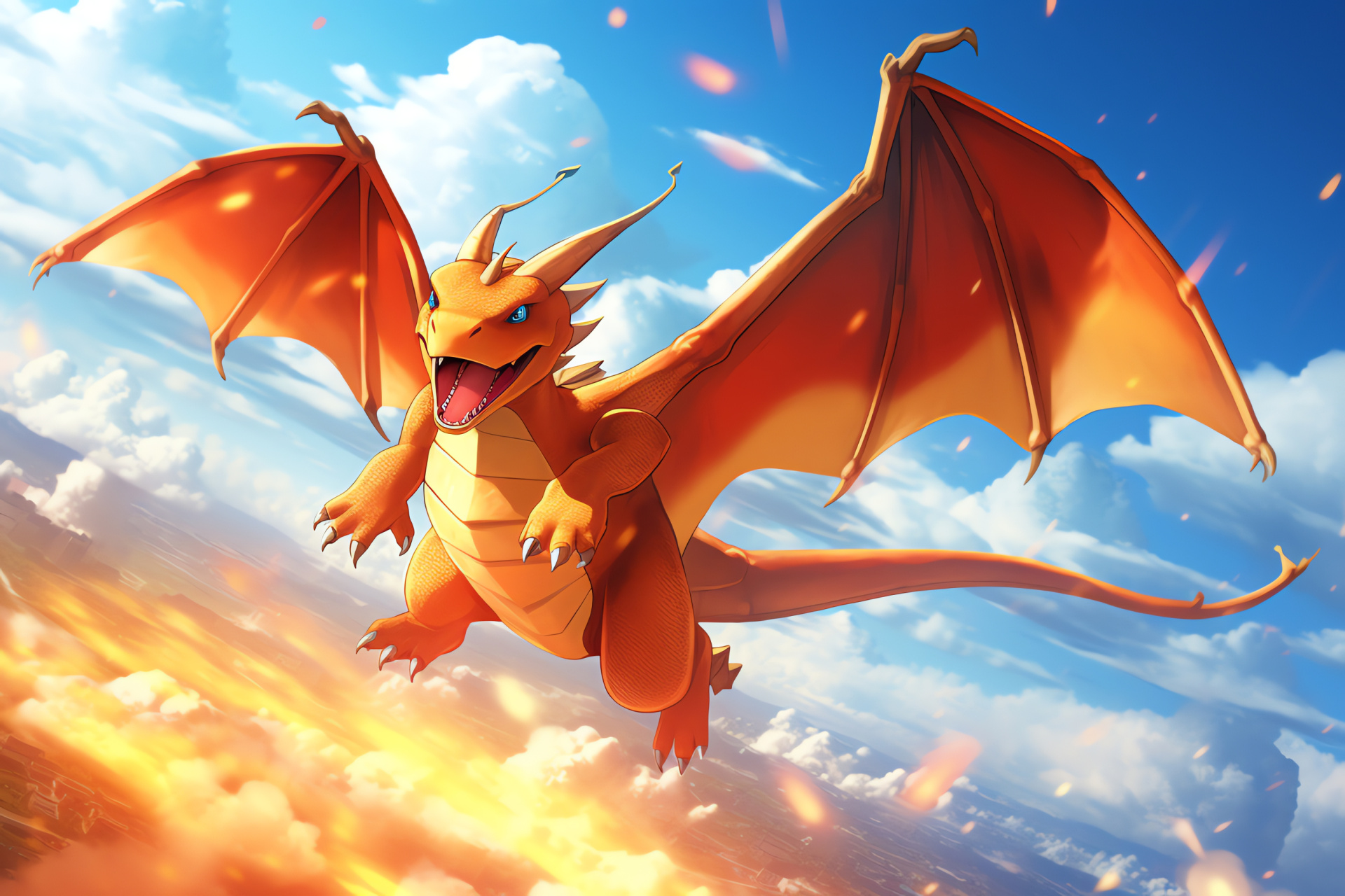 Charizard in flight, Pokmon aerial display, Fiery dragon prowess, Skyborne spectacle, Flame-breather exhibit, HD Desktop Image