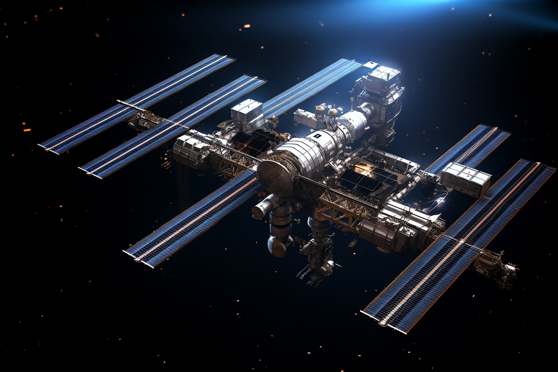 International Space Station orbit, Earth observatory, Photovoltaic space arrays, Habitat modules, Geosynchronous satellite, HD Desktop Image