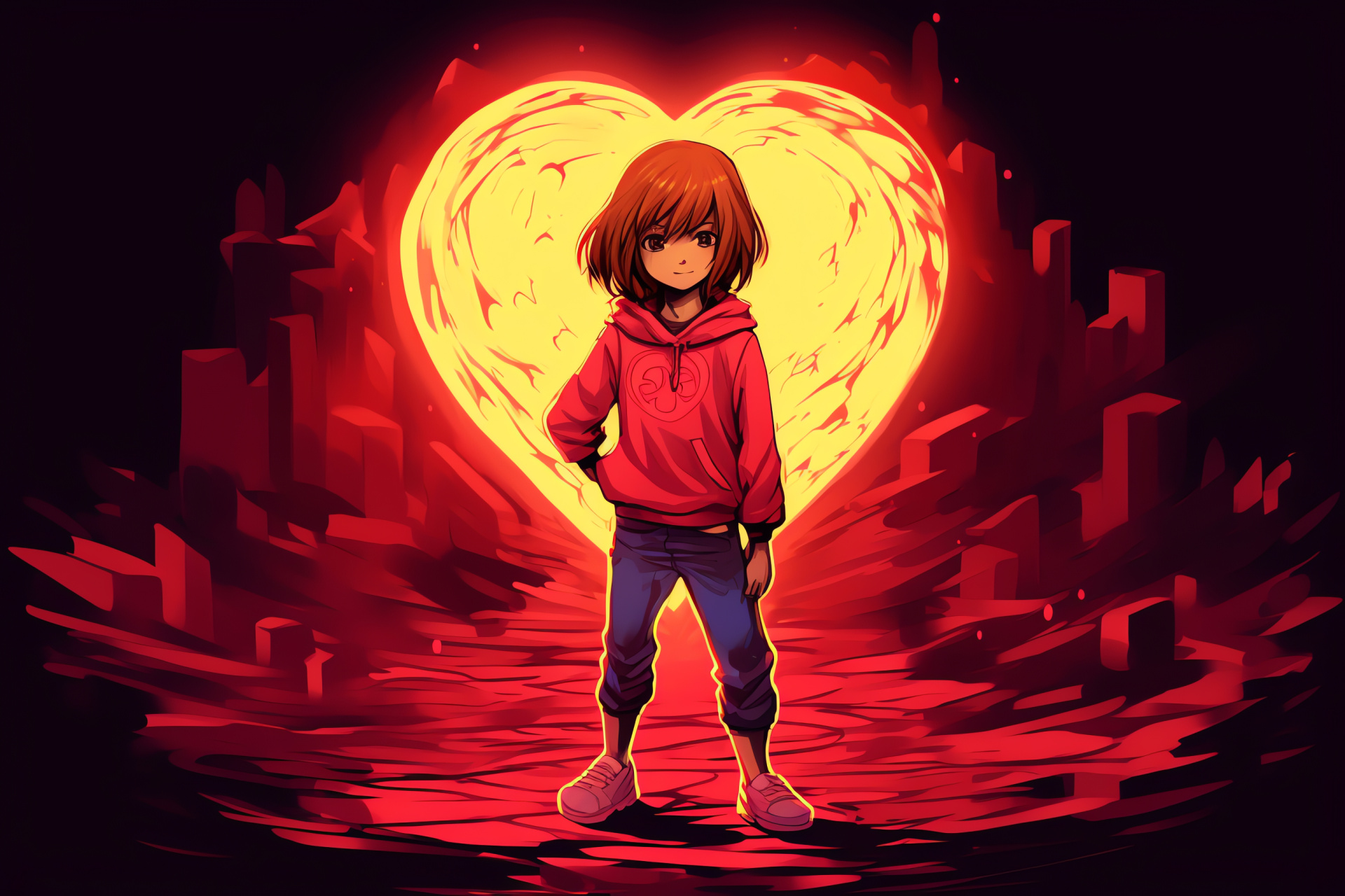 Red hoodie Frisk, Undertale lead character, Intense adventure, Pixel art, Gaming protagonist, HD Desktop Image