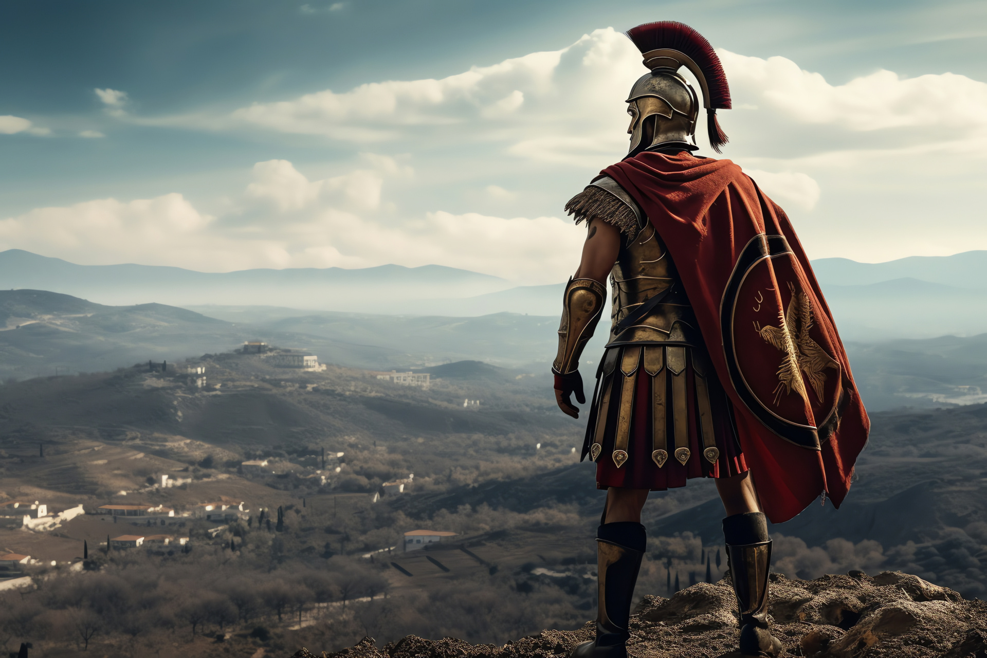 Roman drama Spartacus, General Crassus depiction, Historical armament, Senate legion standard, Dramatic cliffside setting, HD Desktop Wallpaper