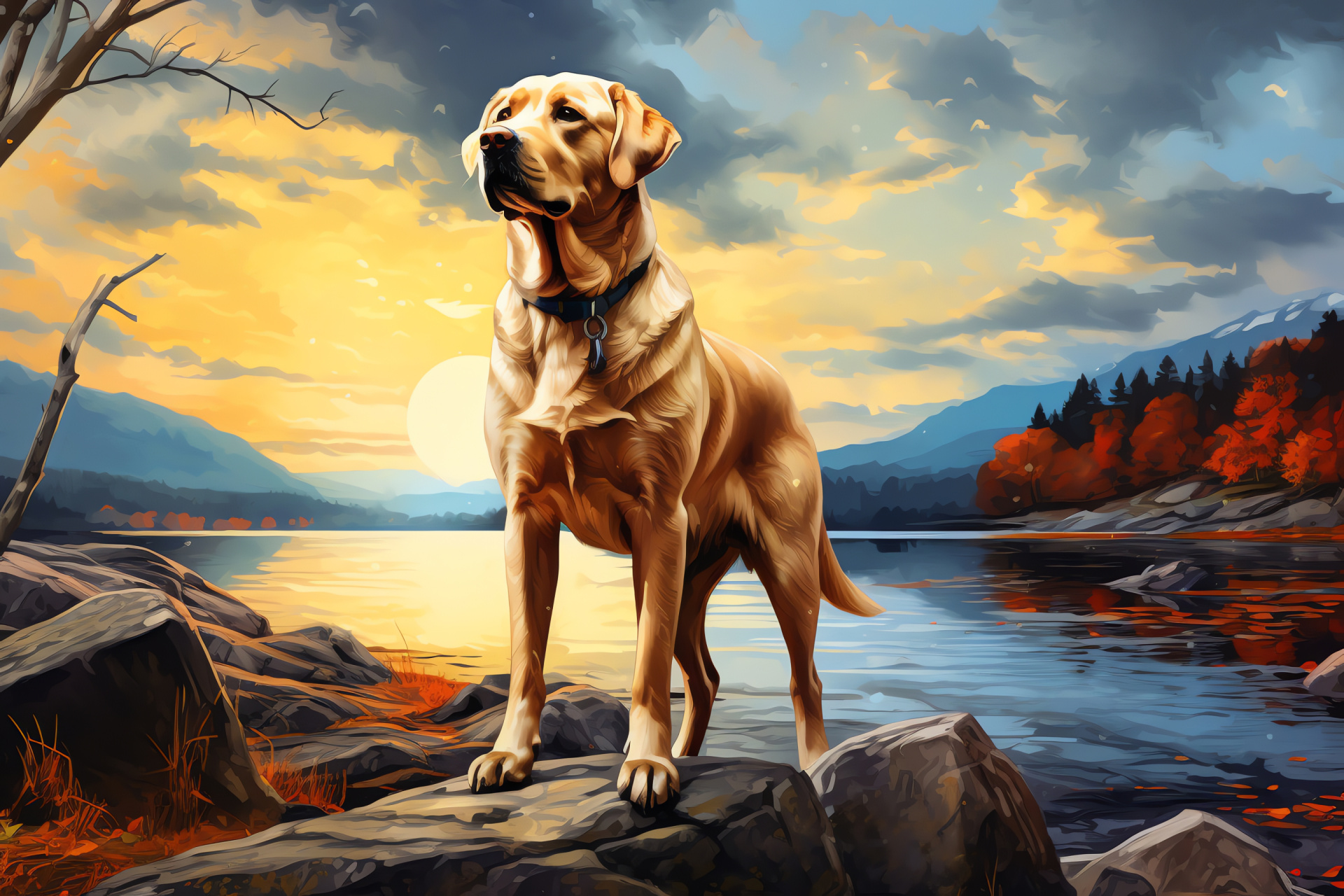 Mature Yellow Labrador, steadfast canine look, dense double coat, animal companionship, HD Desktop Image