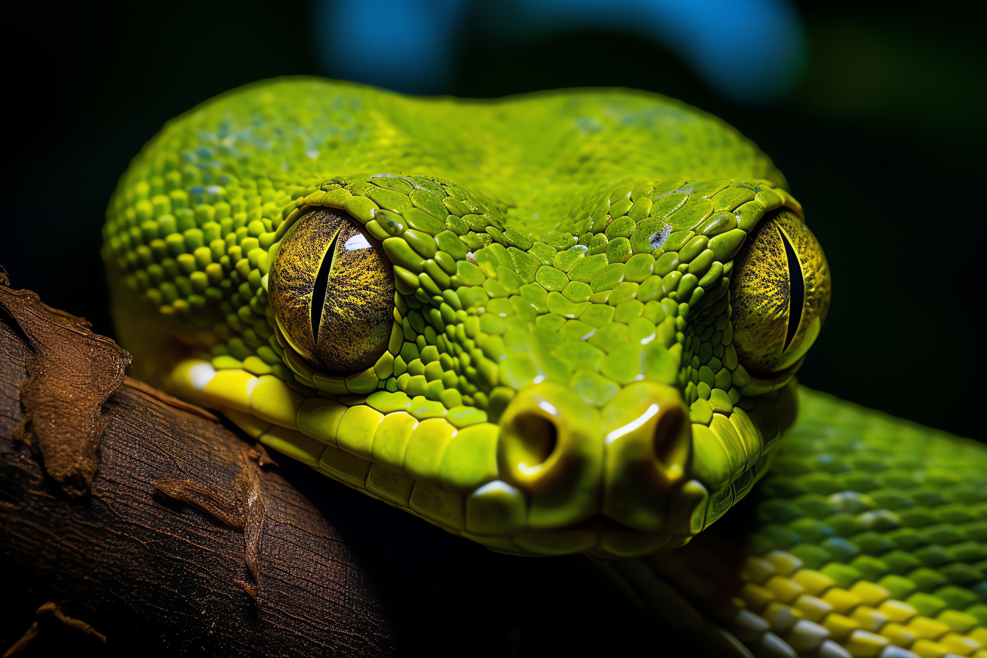 Green tree python, serpentine beauty, vibrant pattern, reptilian camouflage, dense foliage, HD Desktop Image