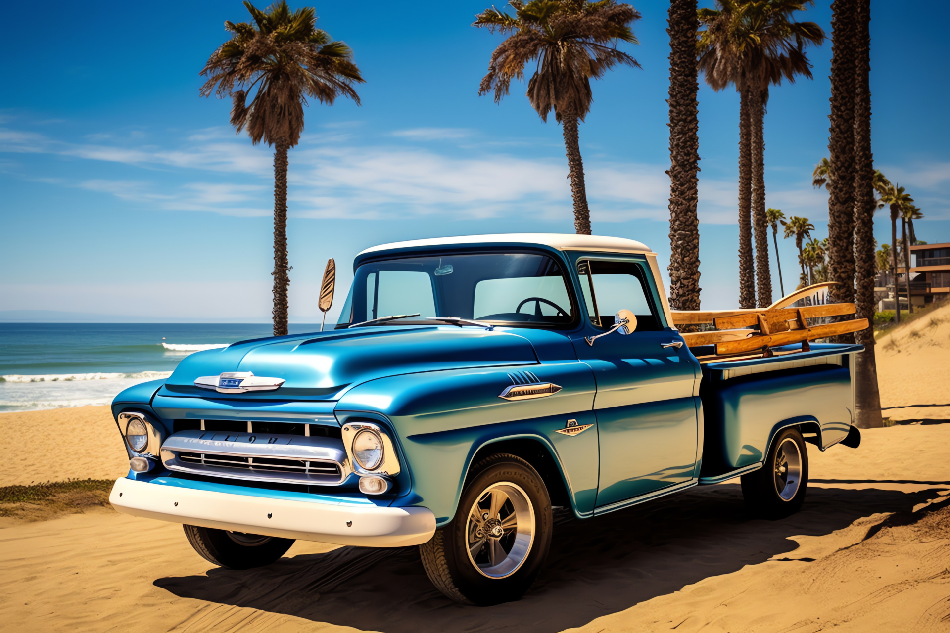 Beachside Chevy transport, Surfing lifestyle, Coastal vehicle charm, Summer town scenery, Pacific coast adventure, HD Desktop Wallpaper