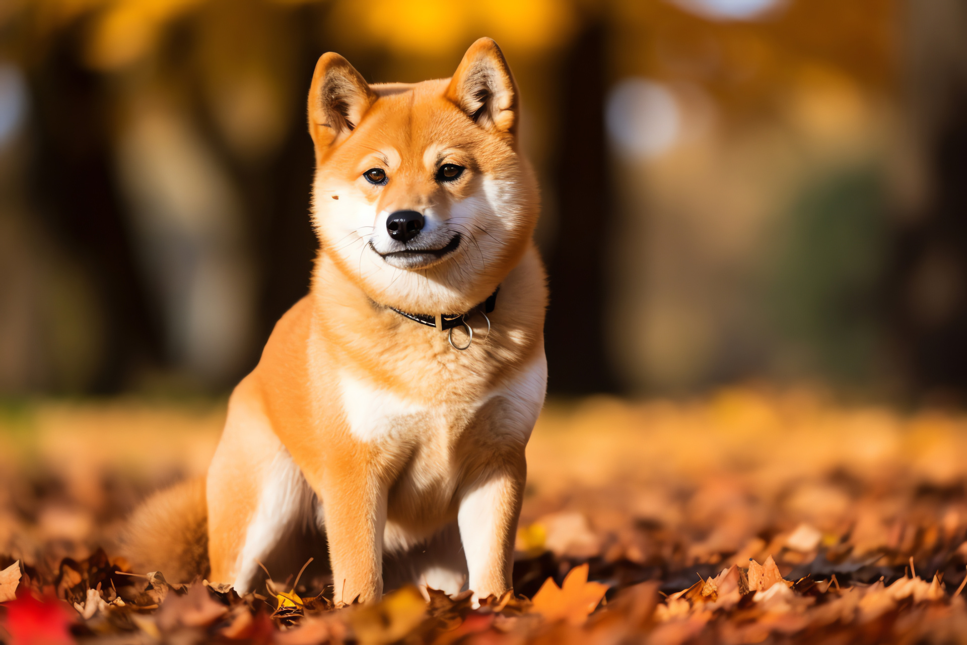 Shiba Inu seasonal beauty, striking canine appearance, domestic pet gaze, fluffy breed trait, autumnal creature, HD Desktop Image