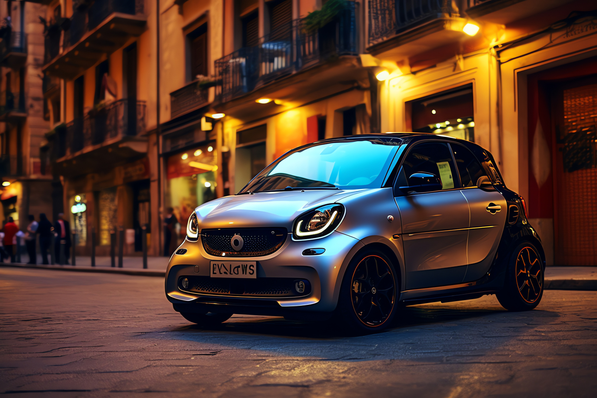 Smart Car Barcelona, EQ Forfour model, Spanish urban landscape, Compact city driving, Evening ambiance, HD Desktop Image