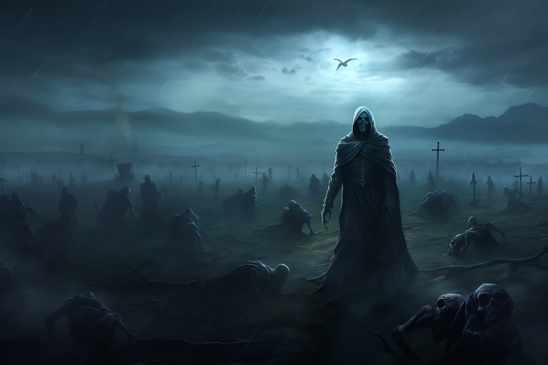 Necromancer battlefield scene, Dark fantasy setting, Summon undead army, Mystical gaming environment, Supernatural combat, HD Desktop Image