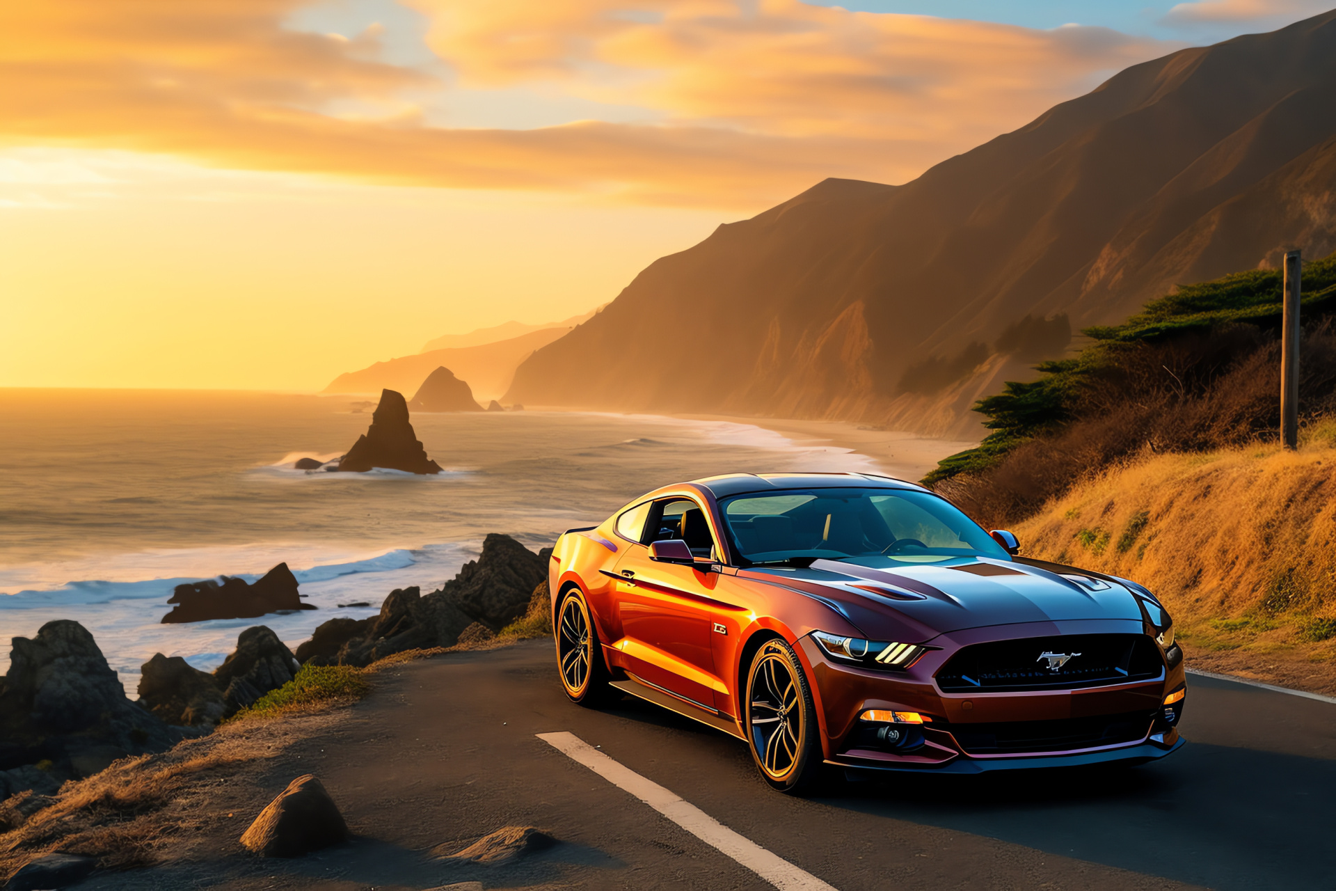 Ford Mustang HD, Pacific Coast drive, scenic California route, ocean-side journey, spectacular scenery, HD Desktop Wallpaper