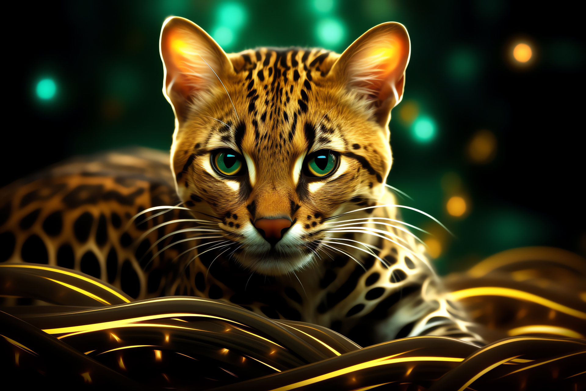 Playful Ocelot, Feline Eyes, Untamed Animal, Energetic Mood, Fantasy Background, HD Desktop Wallpaper