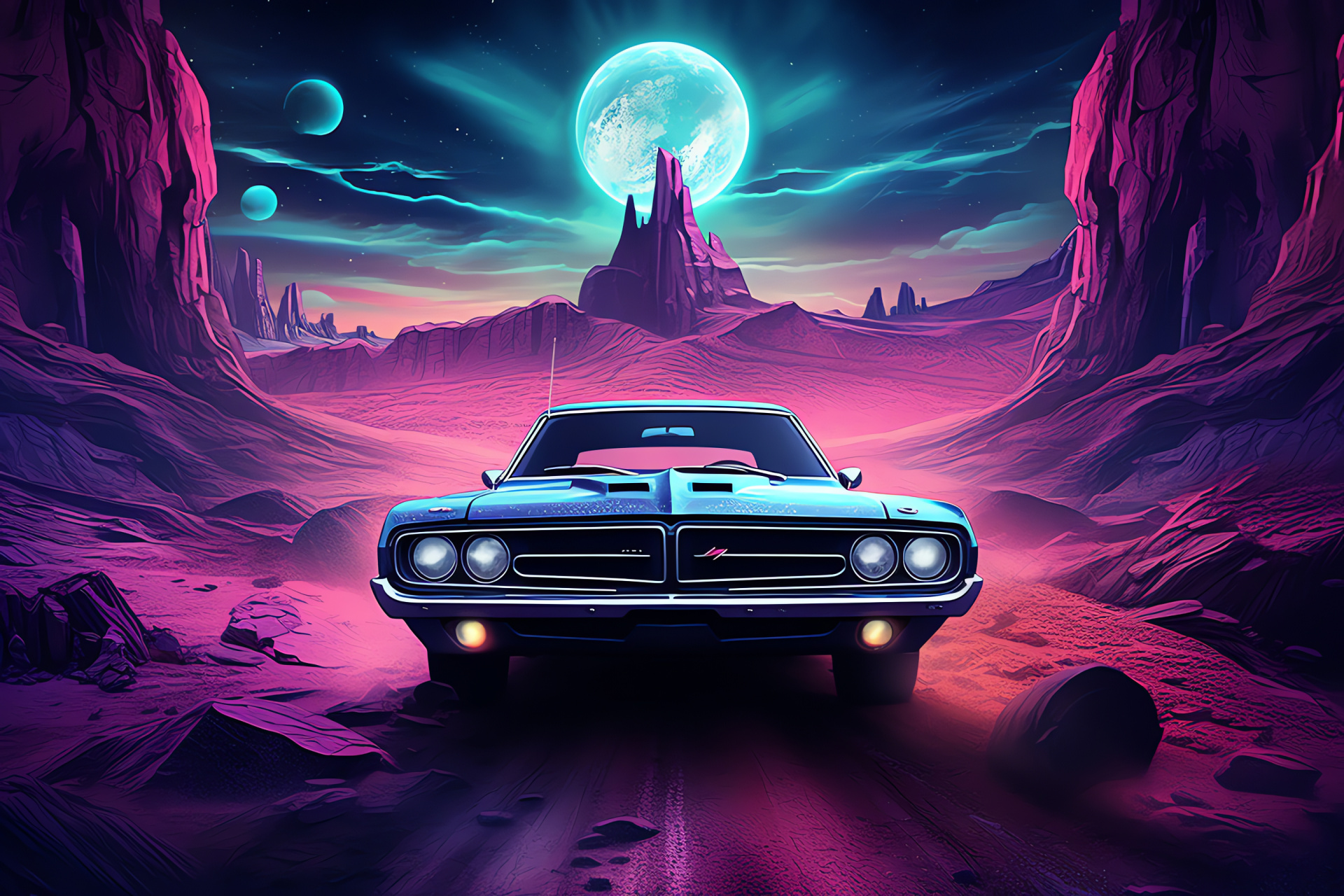 Classic muscle car allure, Extraterrestrial terrain juxtaposition, Bold roadway presence, Vintage aesthetic reborn, Martian-like topography encounter, HD Desktop Wallpaper