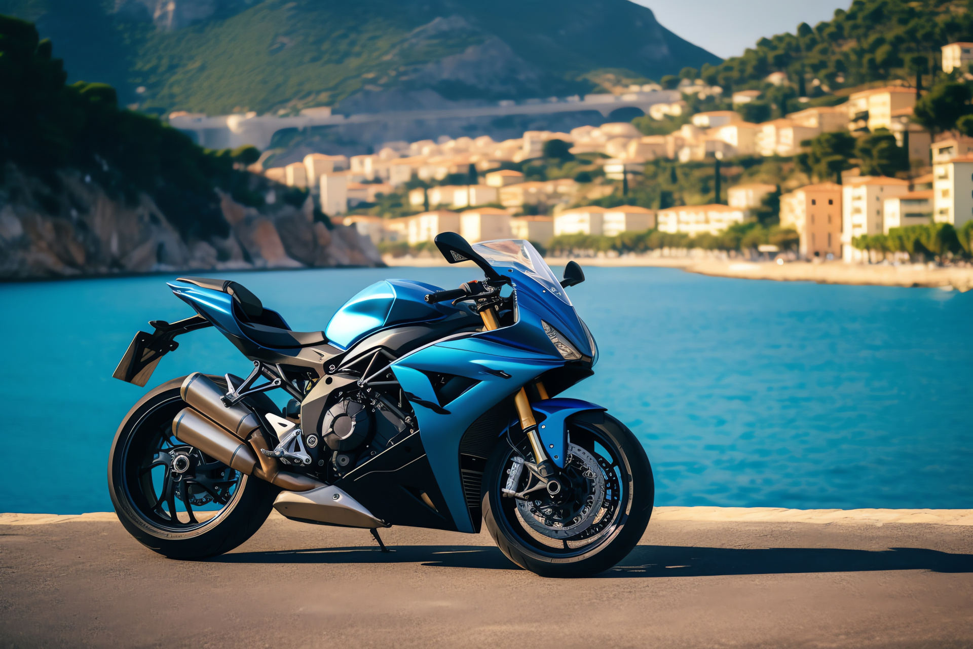 Performance motorbike, France's coastal roads, Mediterranean landscape, sleek design, HD Desktop Image