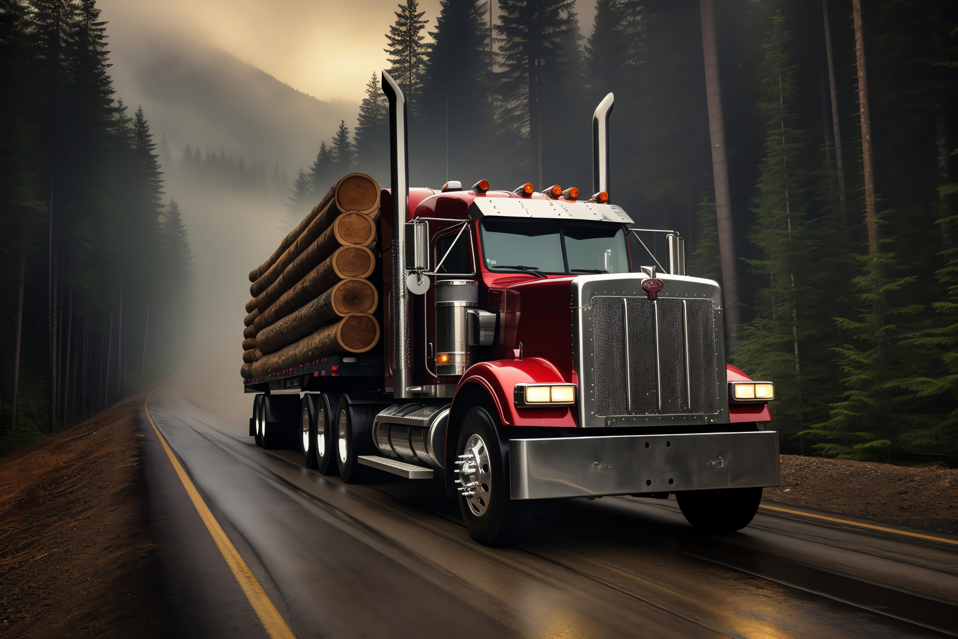 Peterbilt insignia, Alpine scenery, Log hauling, Woodland trails, Transport vehicle branding, HD Desktop Wallpaper