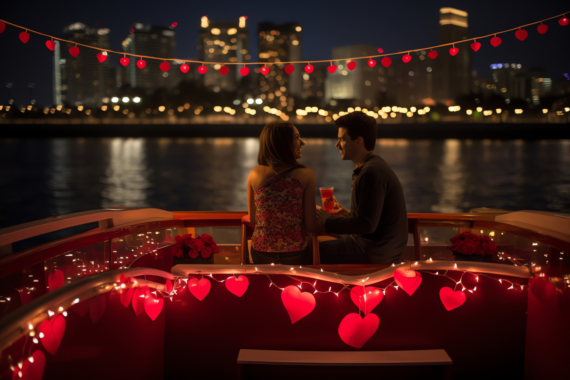 Romantic evening cruise, Aquatic vista, Illuminated decor, Floating restaurant, Celebratory adornments, HD Desktop Wallpaper