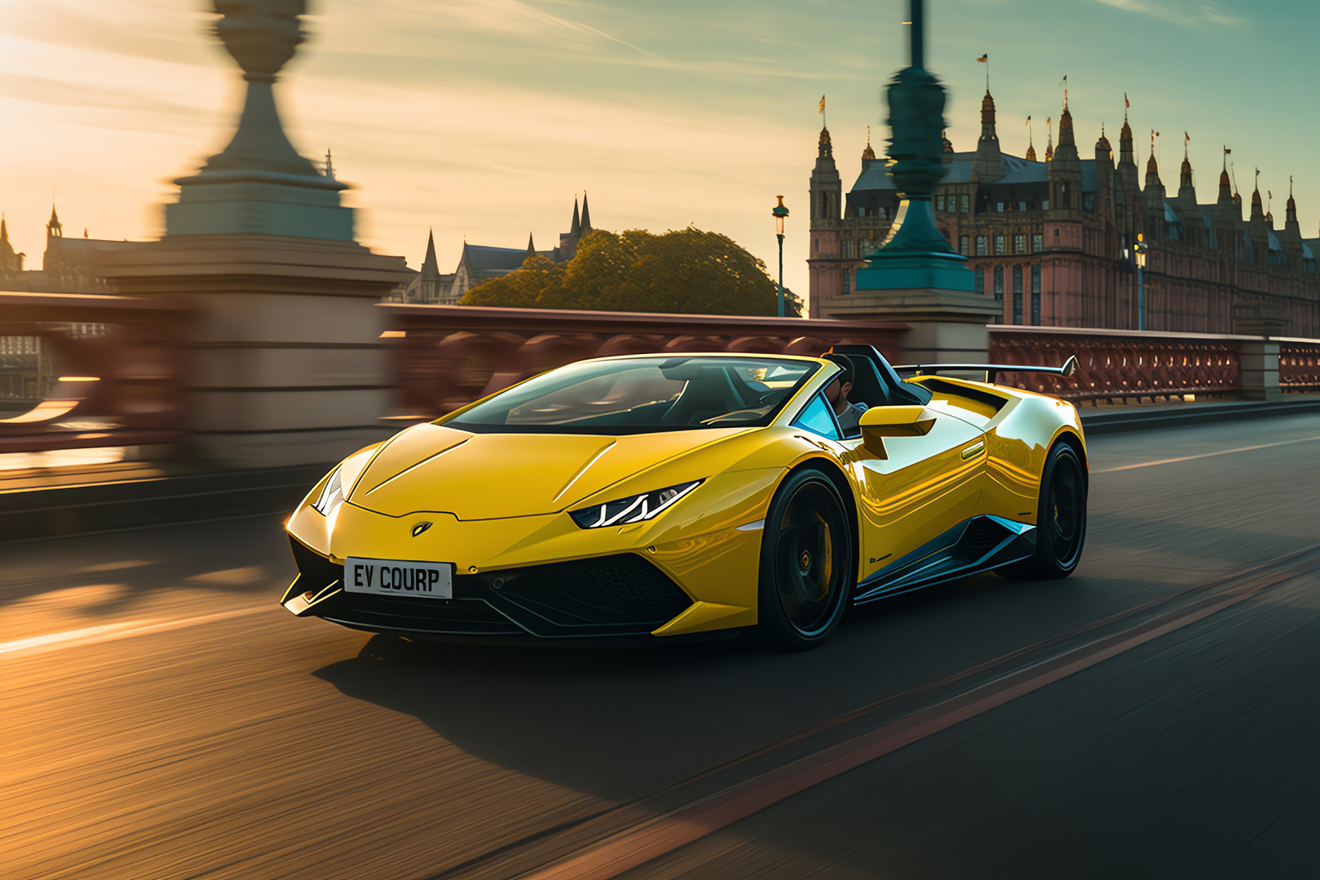 Lamborghini convertible, Huracan EVO RWD Spyder, British capital backdrop, luxury design, English landmarks, HD Desktop Wallpaper