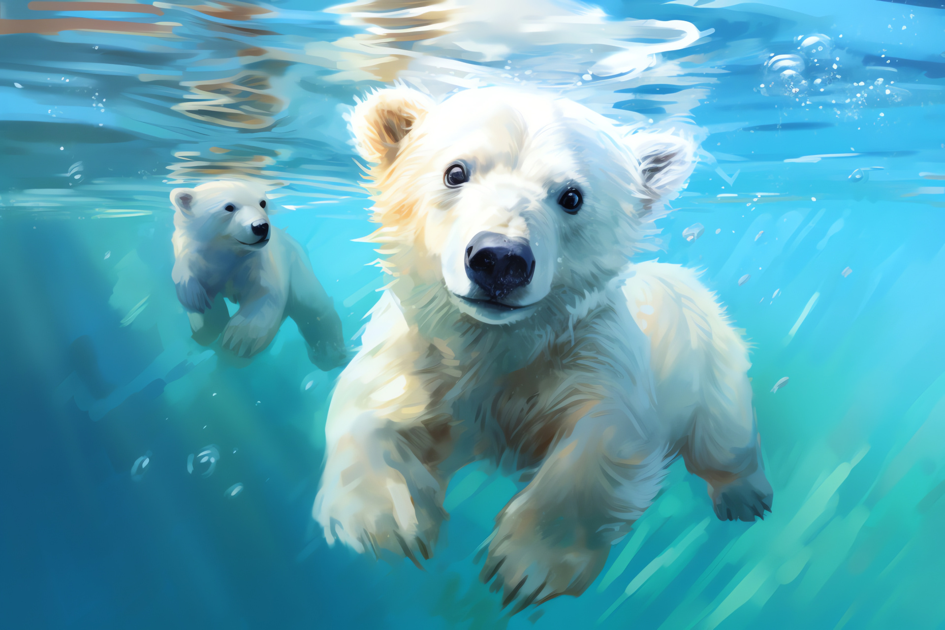 Swimming Polar Bear cub, gentle brown eyes, snowy white fur, aquatic grace, Arctic scenery, HD Desktop Wallpaper