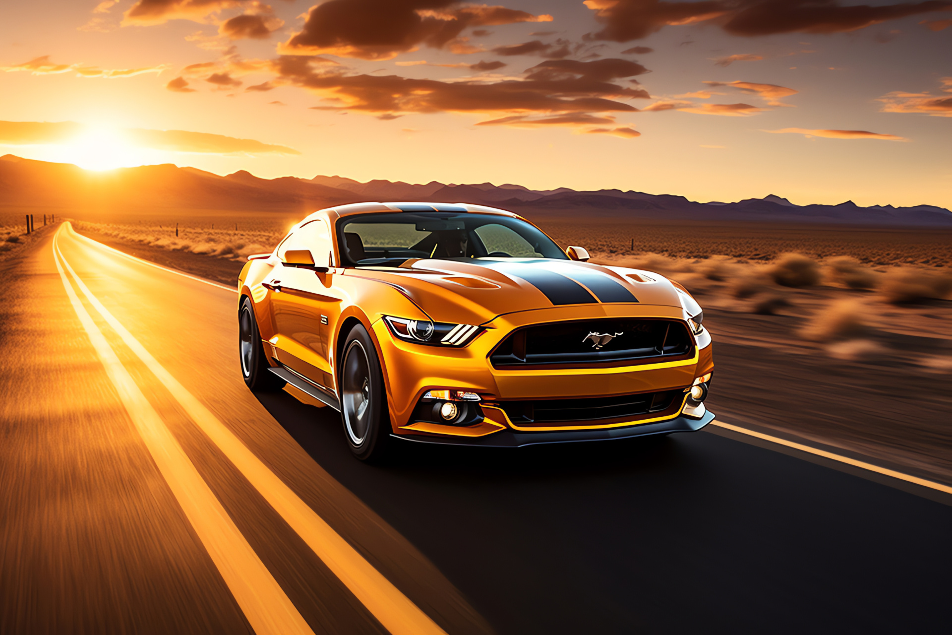 Ford Mustang HD, Route 66 journey, American desert landscape, golden sunset ambiance, freedom route, HD Desktop Image