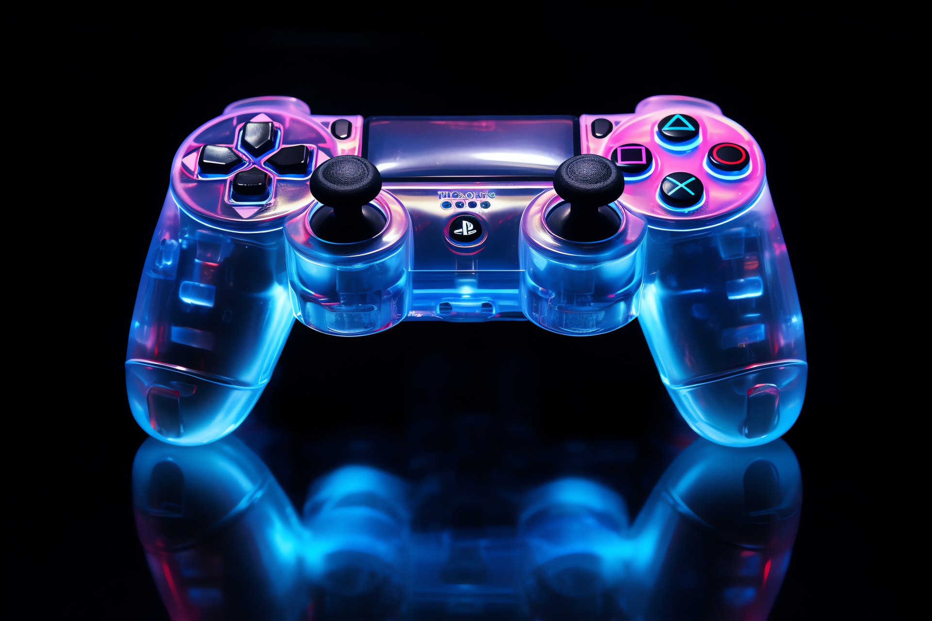 Playstation controller, advanced gaming setup, ambient lighting, electric blue hue, gamer zone, HD Desktop Wallpaper