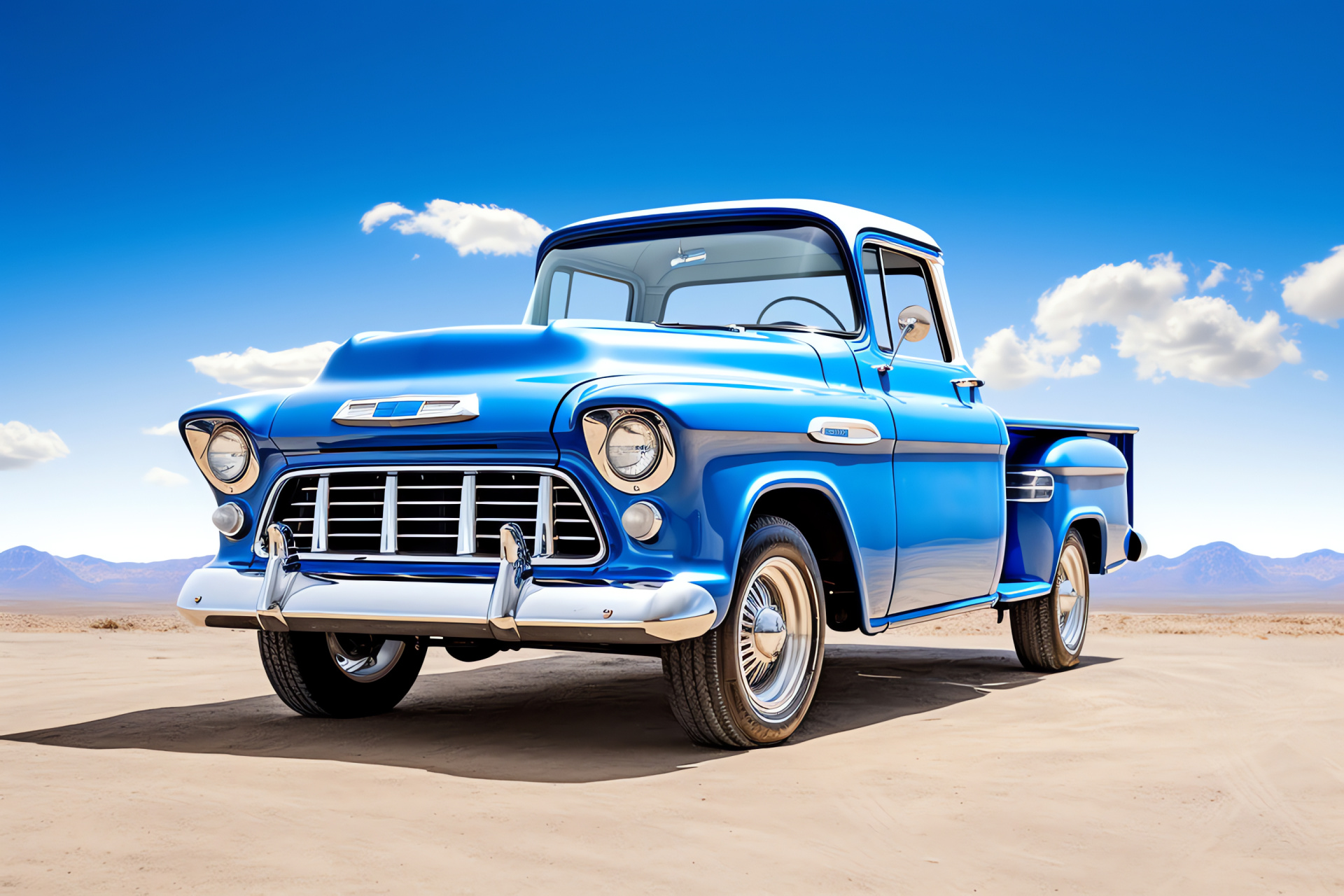 Chevrolet Stepside model, wide-frame shot, sky blue finish, clear backdrop, HD Desktop Image