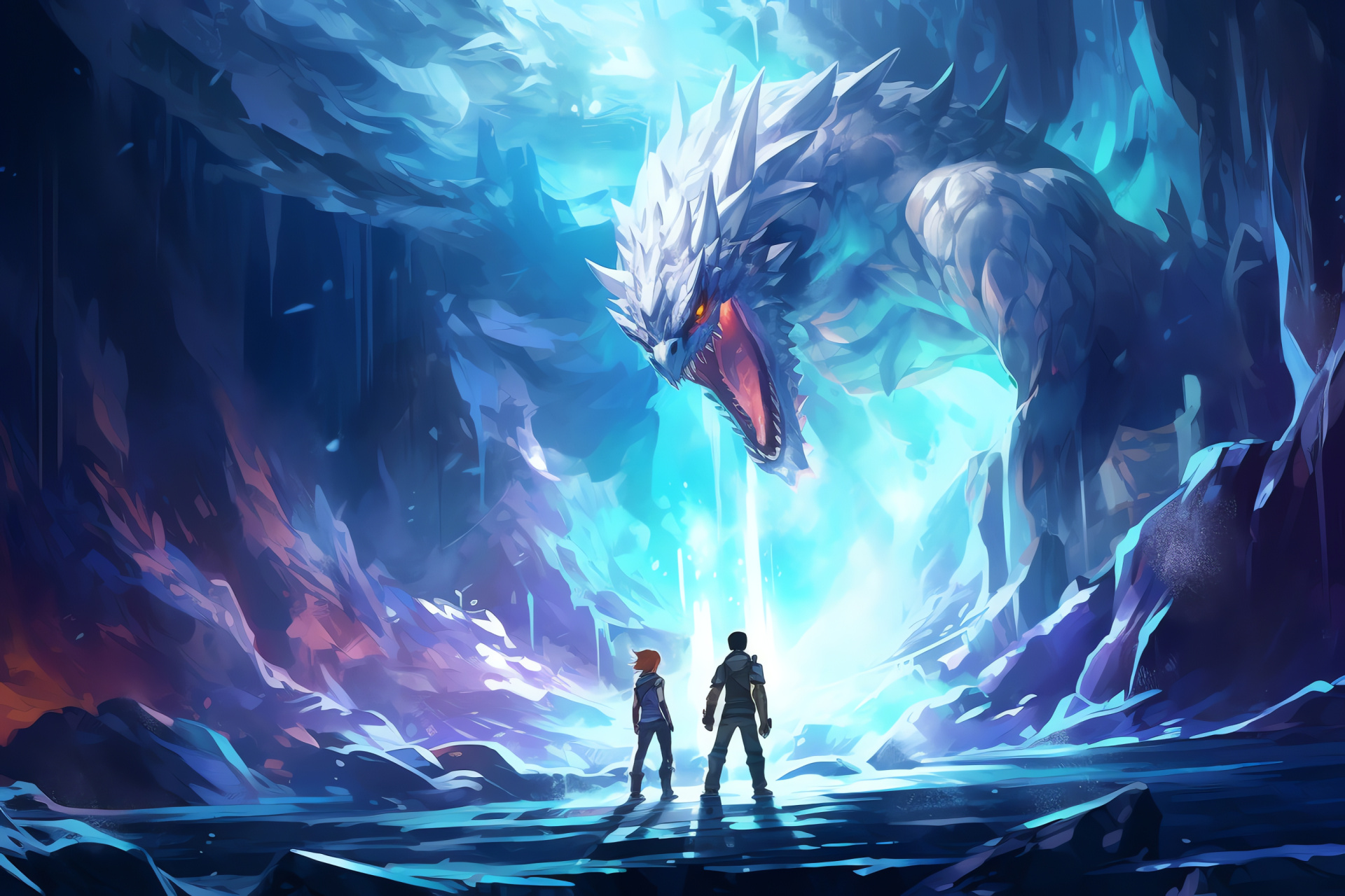 Enigmatic Chasm, RPG quest, Ice Dragon depiction, Mythic creature, Extraterrestrial spectacle, HD Desktop Wallpaper