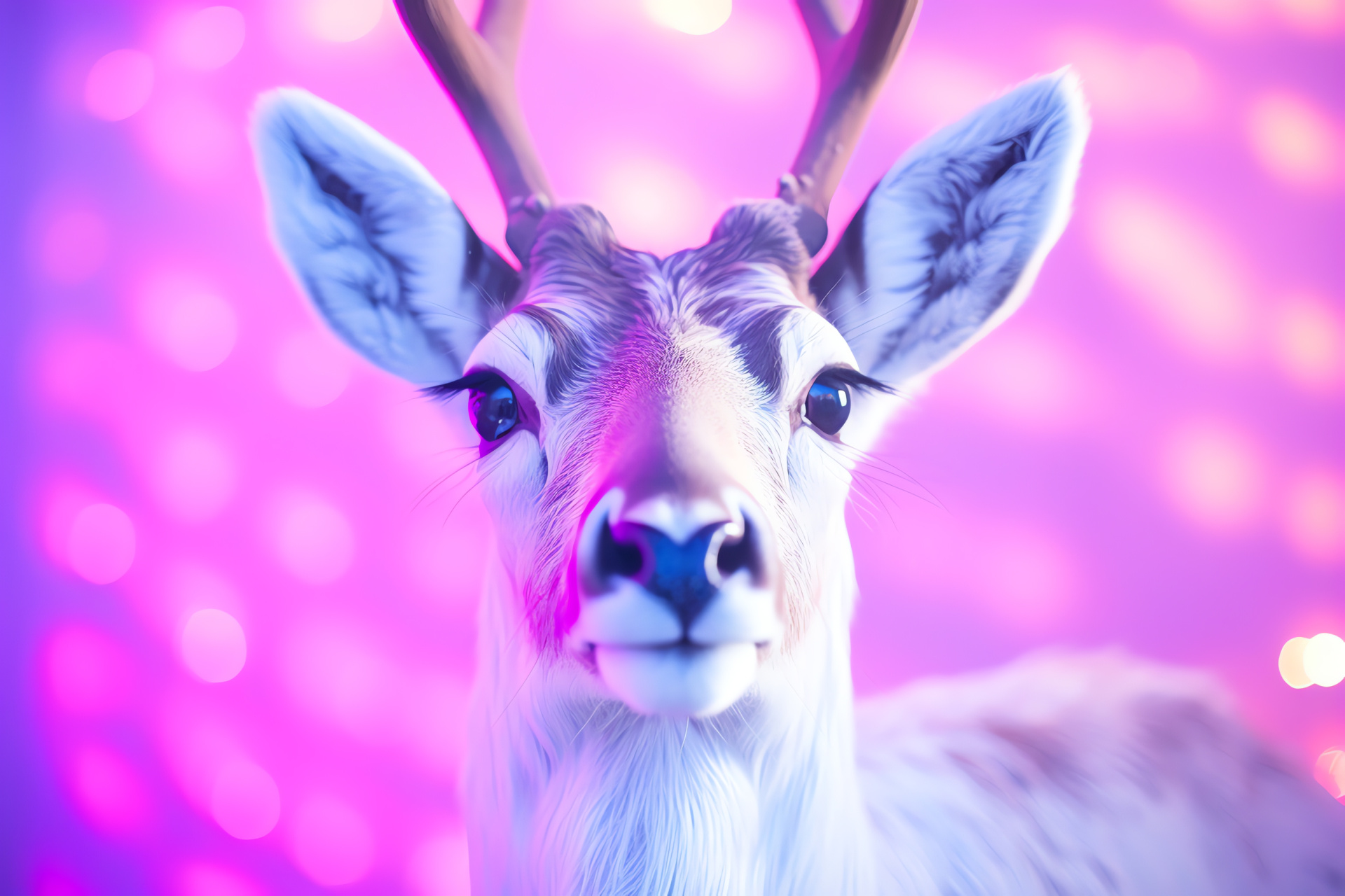 Reindeer visage, Multicolored backdrop, Purple, pink, and gold, Amber eyes, Curious nature, HD Desktop Image