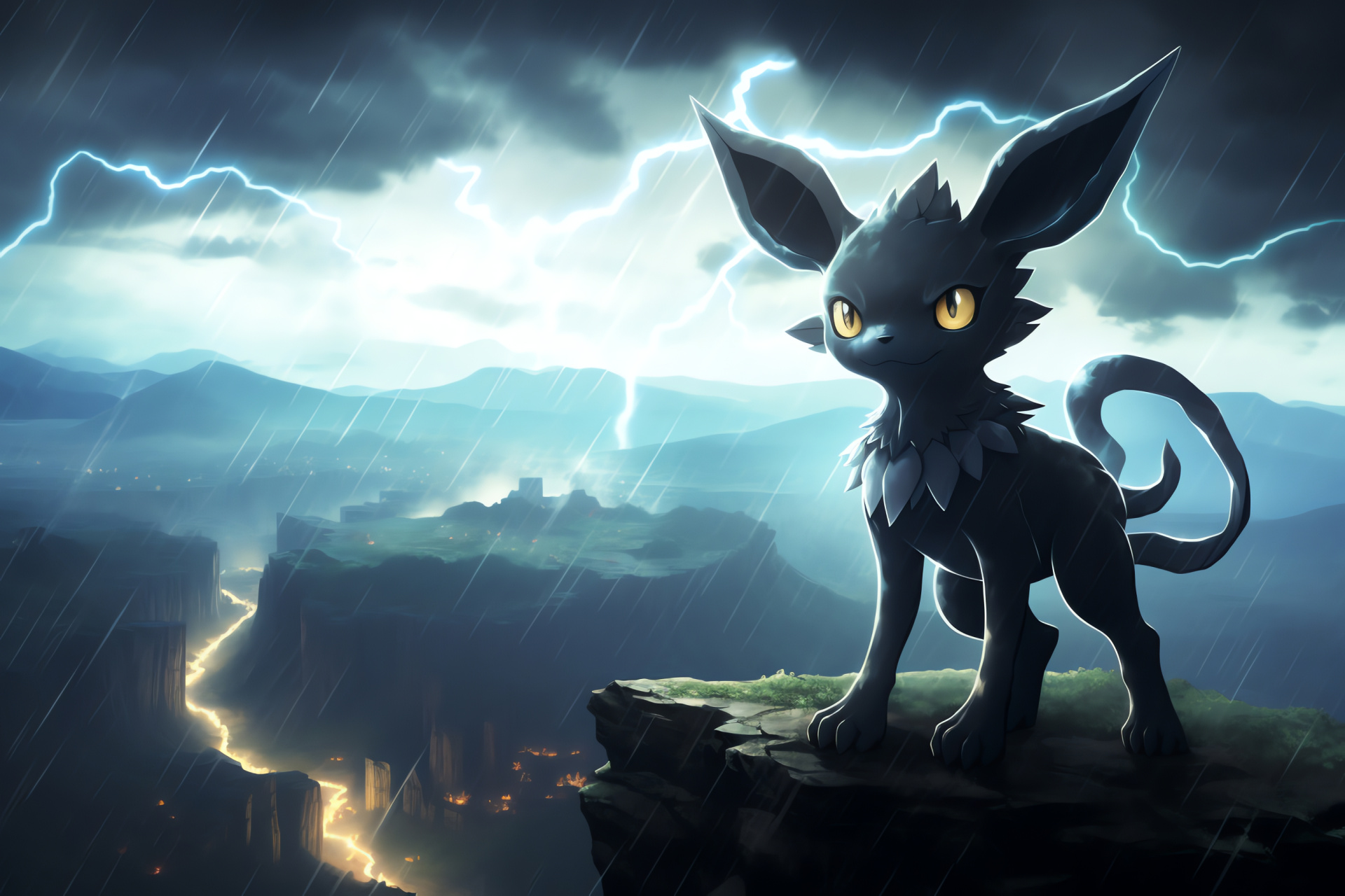 Atmospheric Pokemon Umbreon, Dramatic Thunderstorm, Electrical Discharge, Ominous Nighttime Sky, Evocative scena, HD Desktop Wallpaper