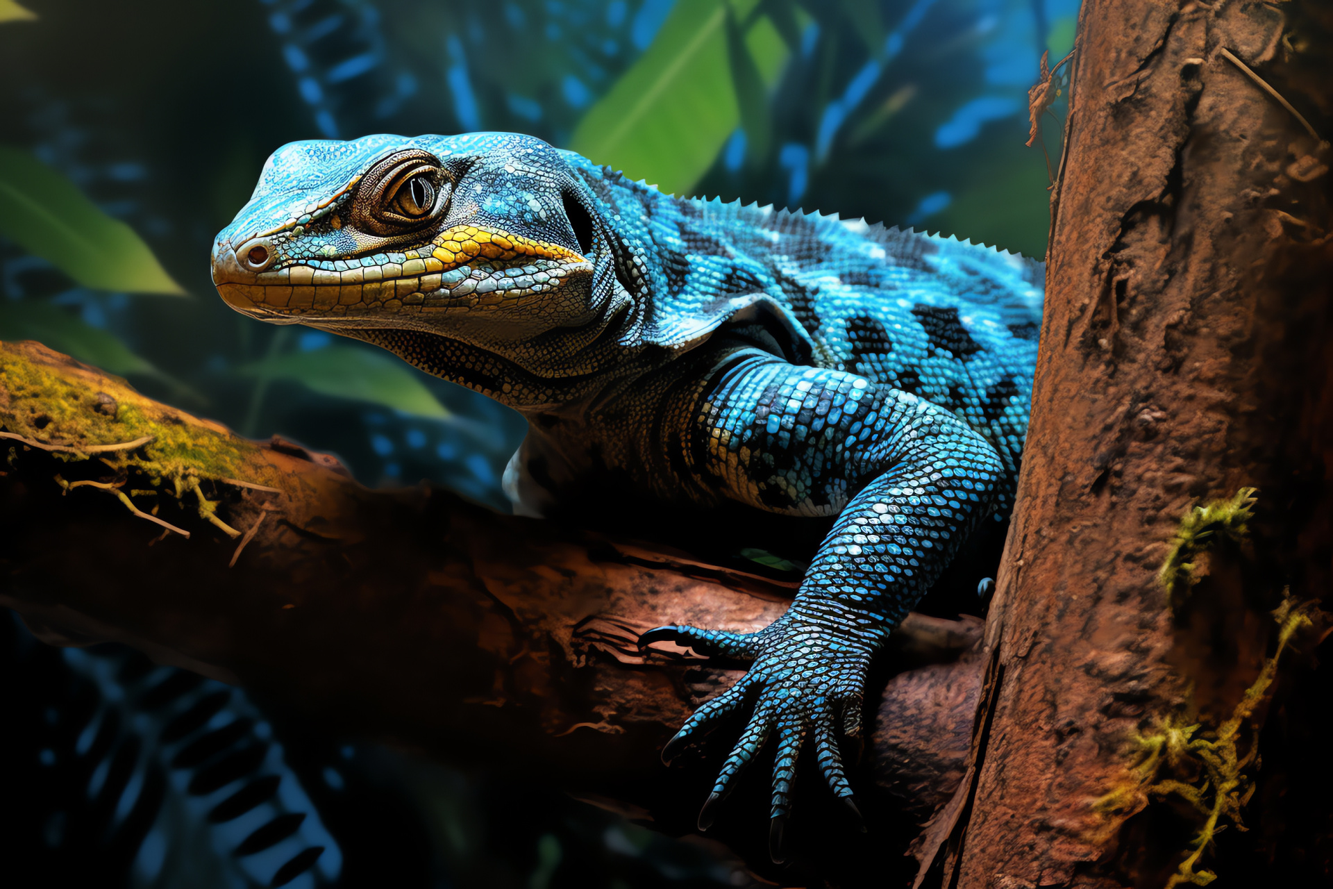 Blue tree monitor, arboreal agility, azure vibrance, indigenous habitat, penetrating gaze, HD Desktop Image