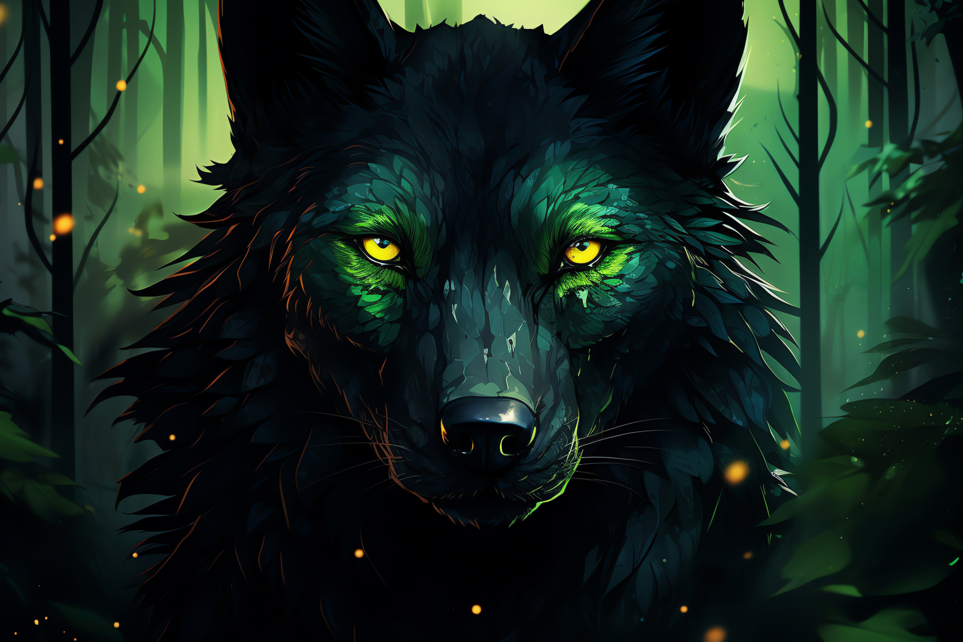 Wolf, obsidian fur, eerie glow, clear glade, lunar serenade, HD Desktop Wallpaper