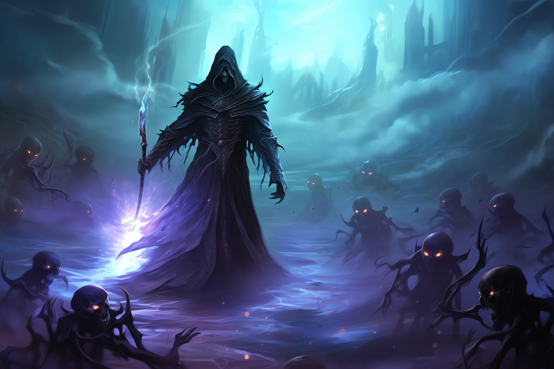 Undead Warlock, Mystic Attire, Sorcerer Staff, Magical Aura, Shadowy Environment, HD Desktop Wallpaper