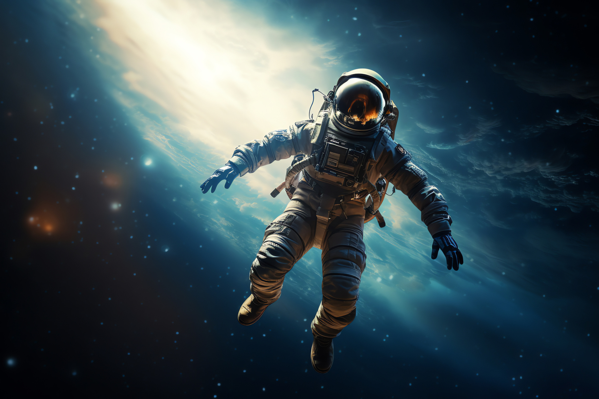 Outer space human presence, Panoramic astronaut view, Space exploration gear, Deep blue abyss, Gravity-free adventure, HD Desktop Wallpaper