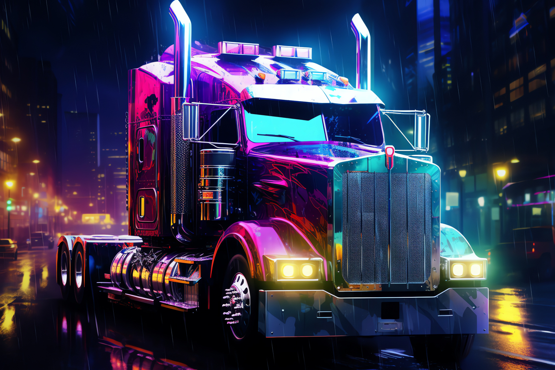 Kenworth T800W hauler, Future inspired city, Overhead perspective, City glow, Transport power, HD Desktop Wallpaper