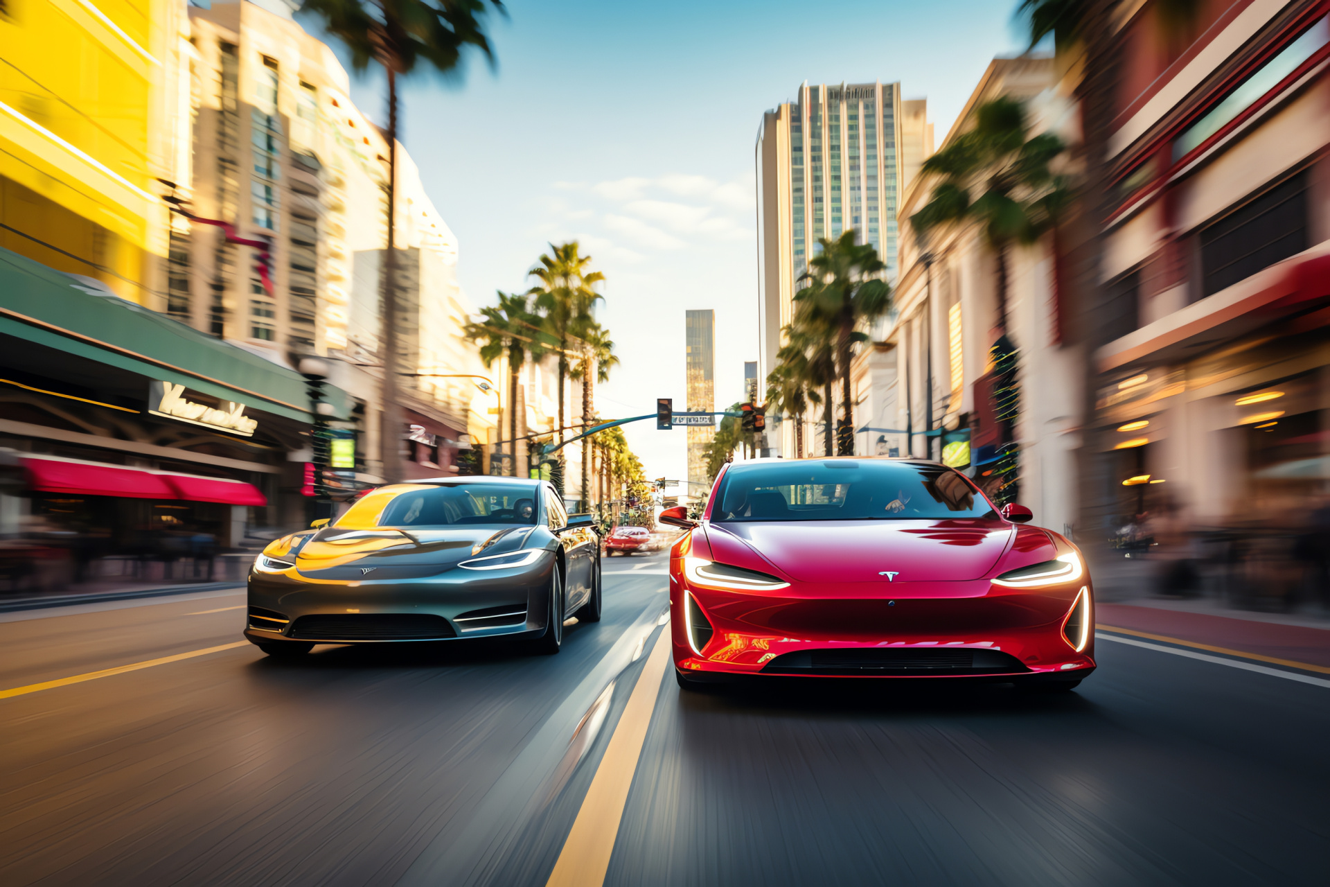 Tesla Auto, Model S P100D, Competitive electric vehicle, Fast-paced electrics, Los Angeles streets, HD Desktop Wallpaper