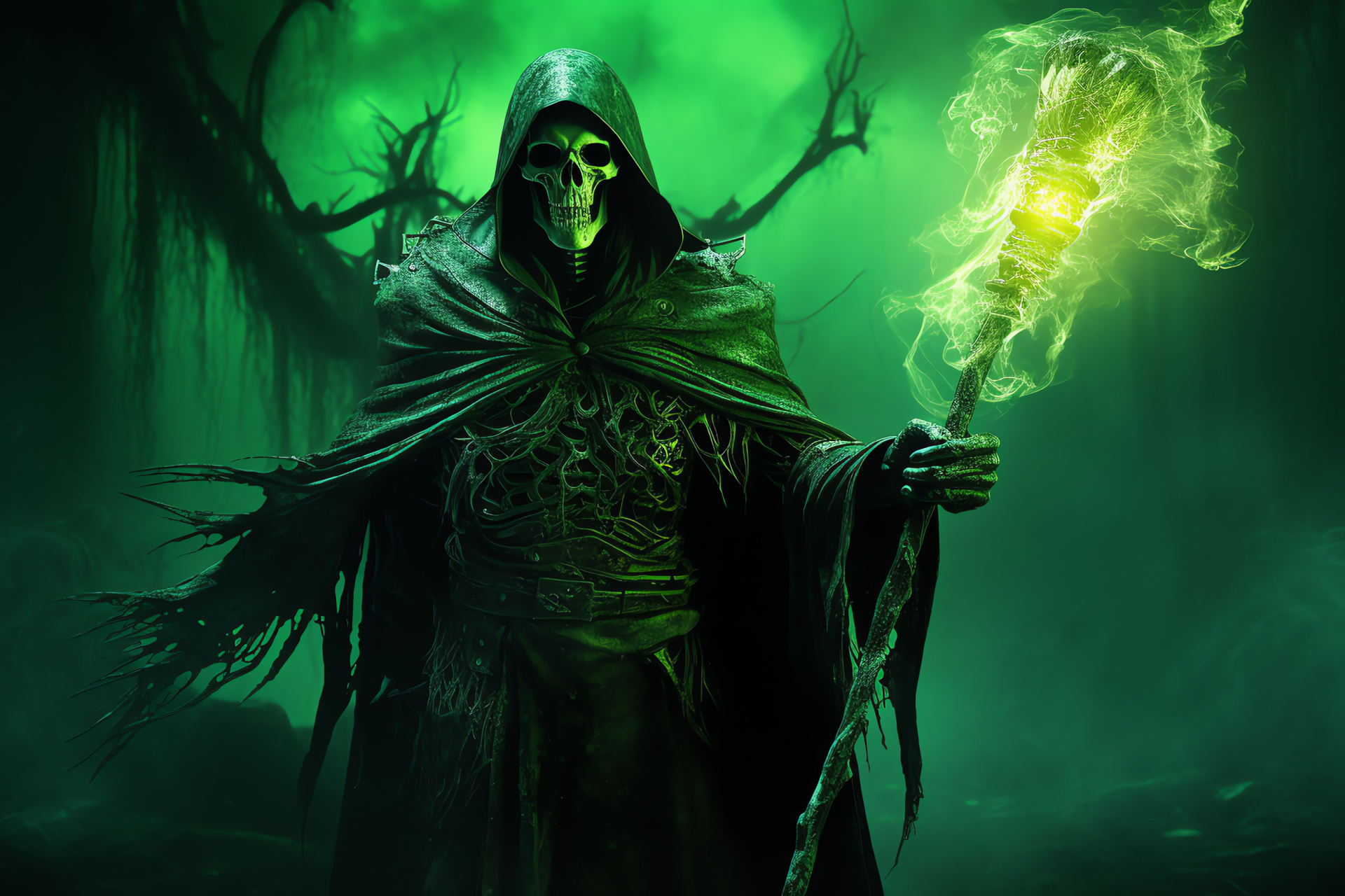 Undead Warlock Mortis, Amber-eyed spellcaster, Frayed ritual wear, Plant tendrils, Wizard world, HD Desktop Wallpaper