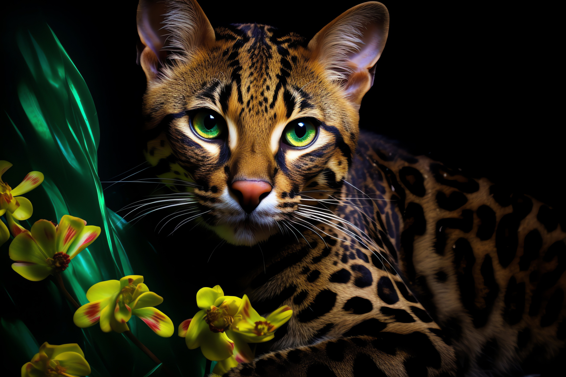 Ocelot, Jungle predator eyes, Sun-kissed pelt, Spotted feline design, Artistic multi-hue setting, HD Desktop Image