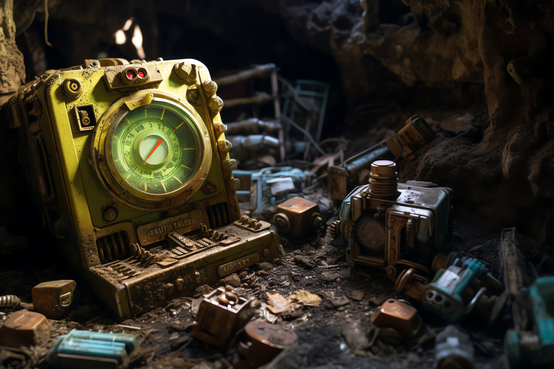 Pip Boy in desolate vault, Lone wanderer theme, Treasure hunt motif, Ancient inscriptions artwork, Dilapidated infrastructure, HD Desktop Image