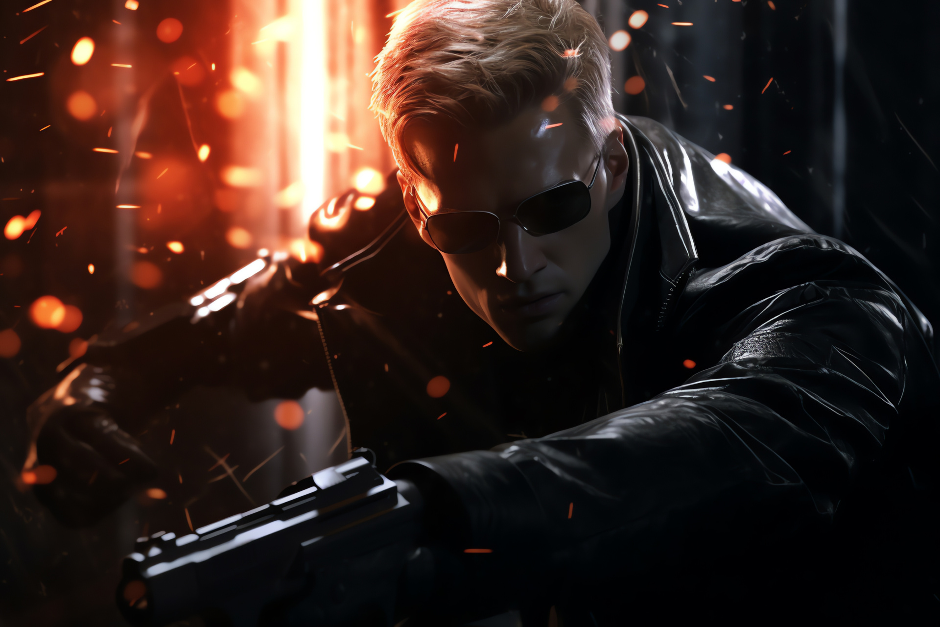 Albert Wesker in action, Resident Evil antagonist, twin firearms, enemy confrontation, dramatic scene, HD Desktop Image