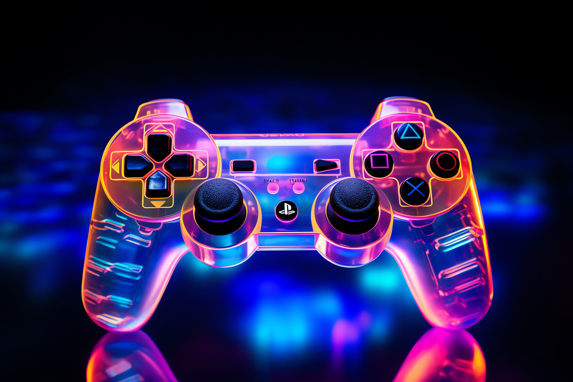 PS3 gaming device, classic joystick, ebony hue, sleek sheen, recognizable button icons, HD Desktop Wallpaper