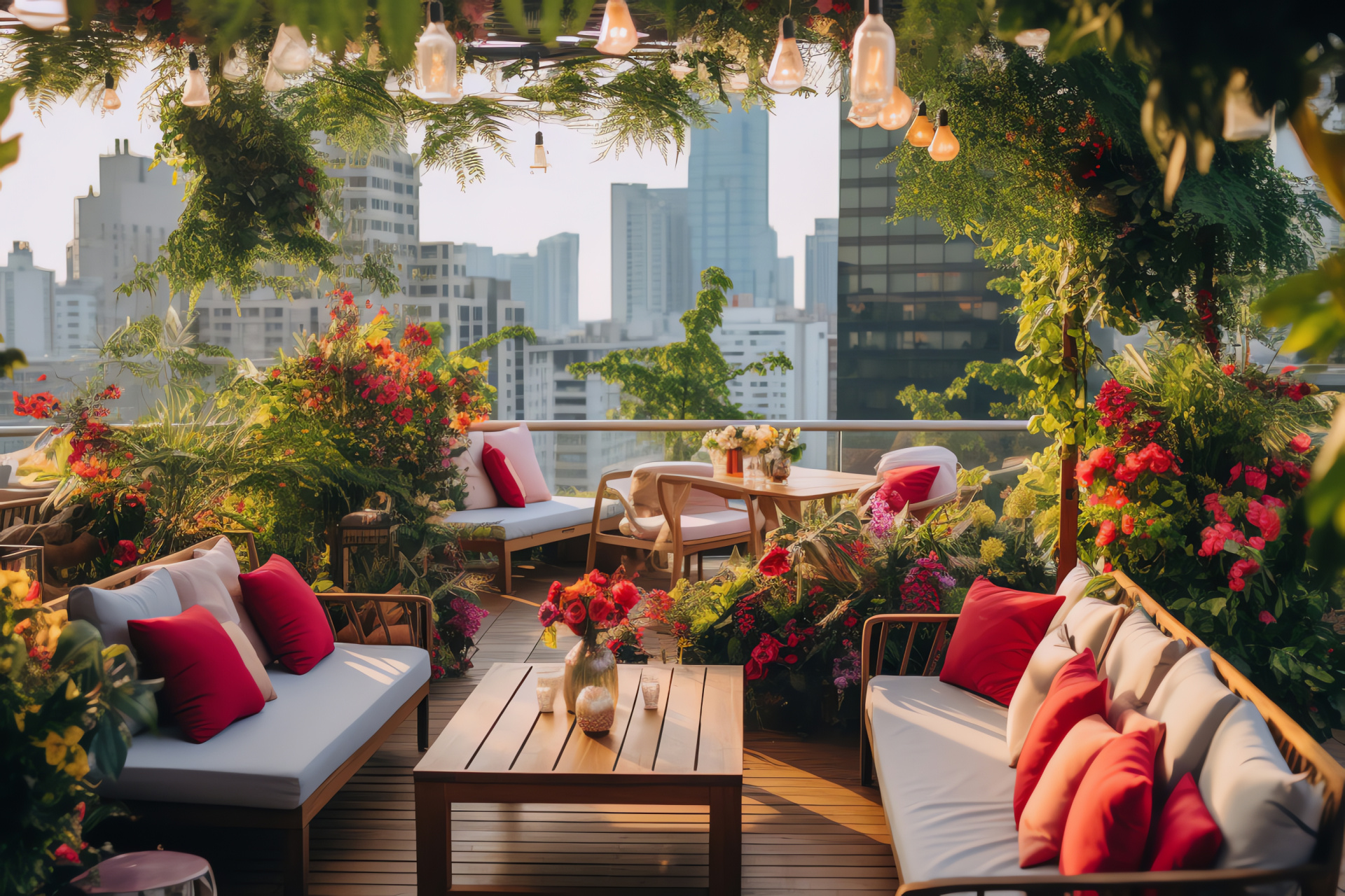 Birthday rooftop celebration, Urban garden party, Blossoms decor, Festive cocktail affair, Social gathering, HD Desktop Wallpaper