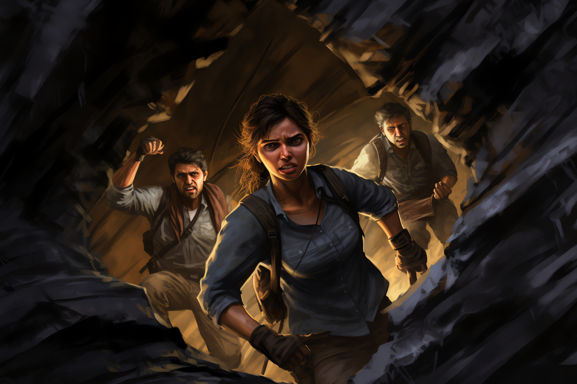 Uncharted series, Adventurers Drake and Fisher, Sullivan companion, Underground explorations, Treacherous ruins, HD Desktop Image