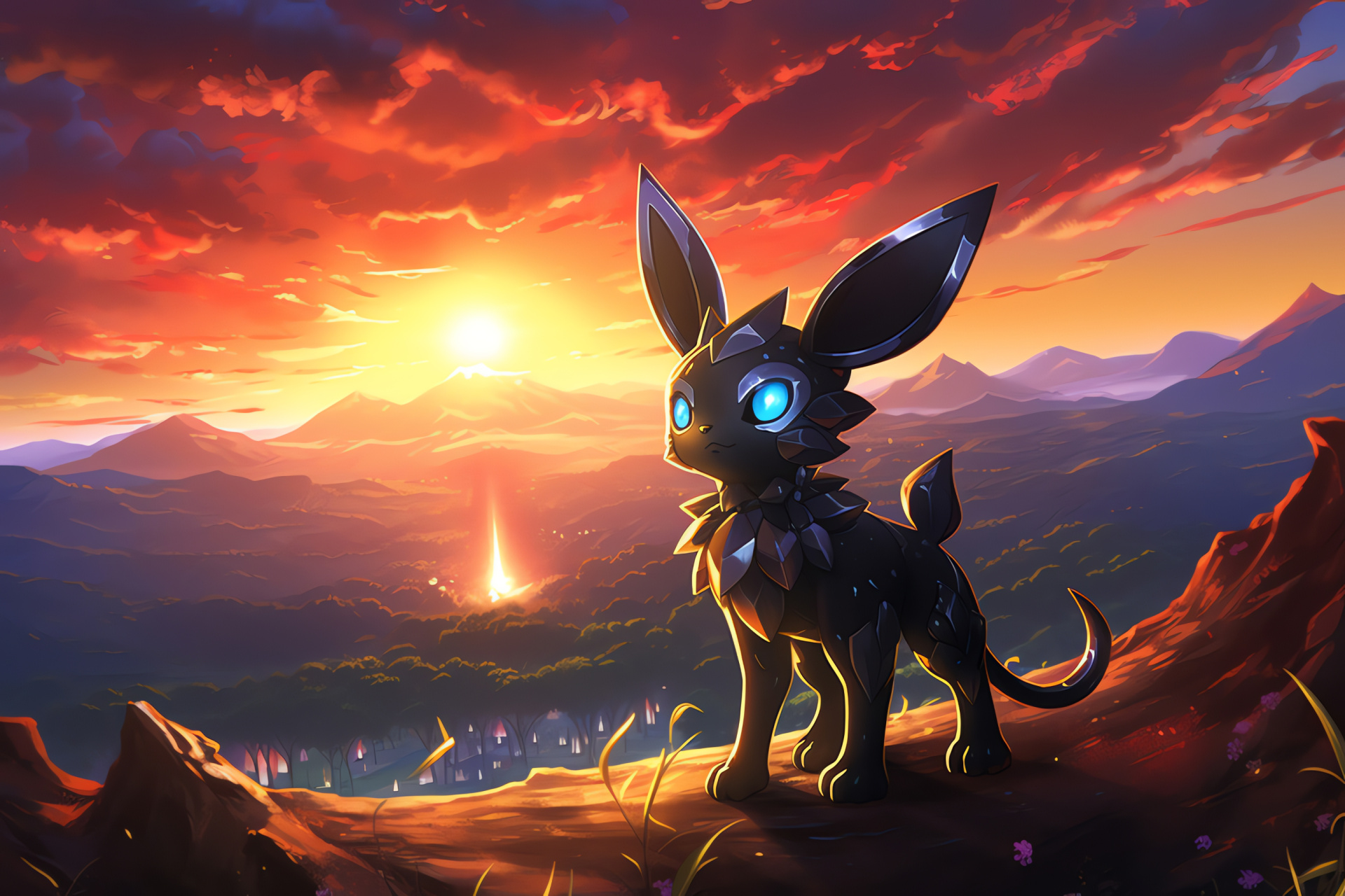 Pokemon Shiny Umbreon, Evening glow, Scenic gaming landscape, Panoramic skies, Virtual world, HD Desktop Image