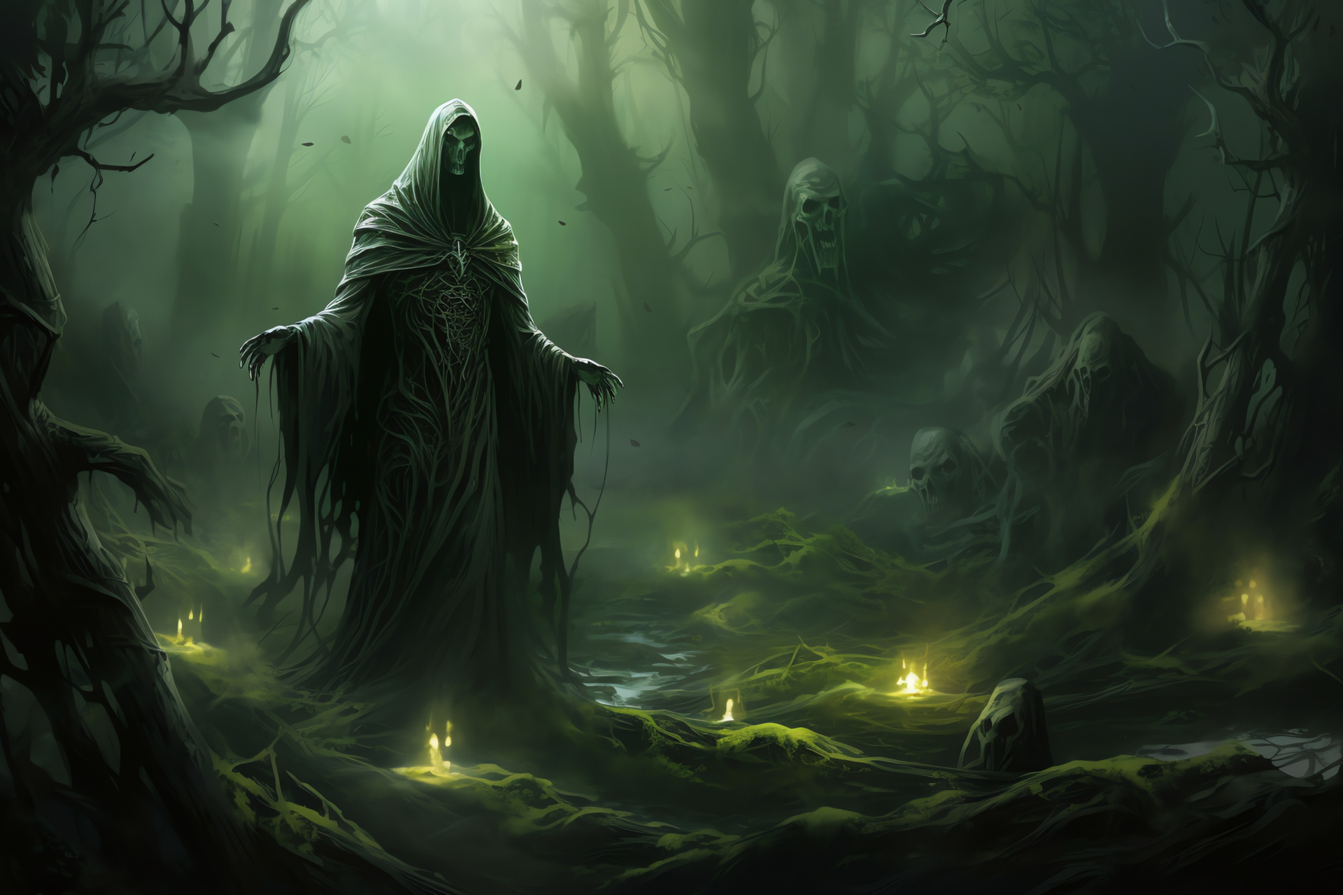 Undead Warlock Scene, Gloom Forest, Druidic Altar, Ancient Woodlands, Phantom Illumination, HD Desktop Wallpaper