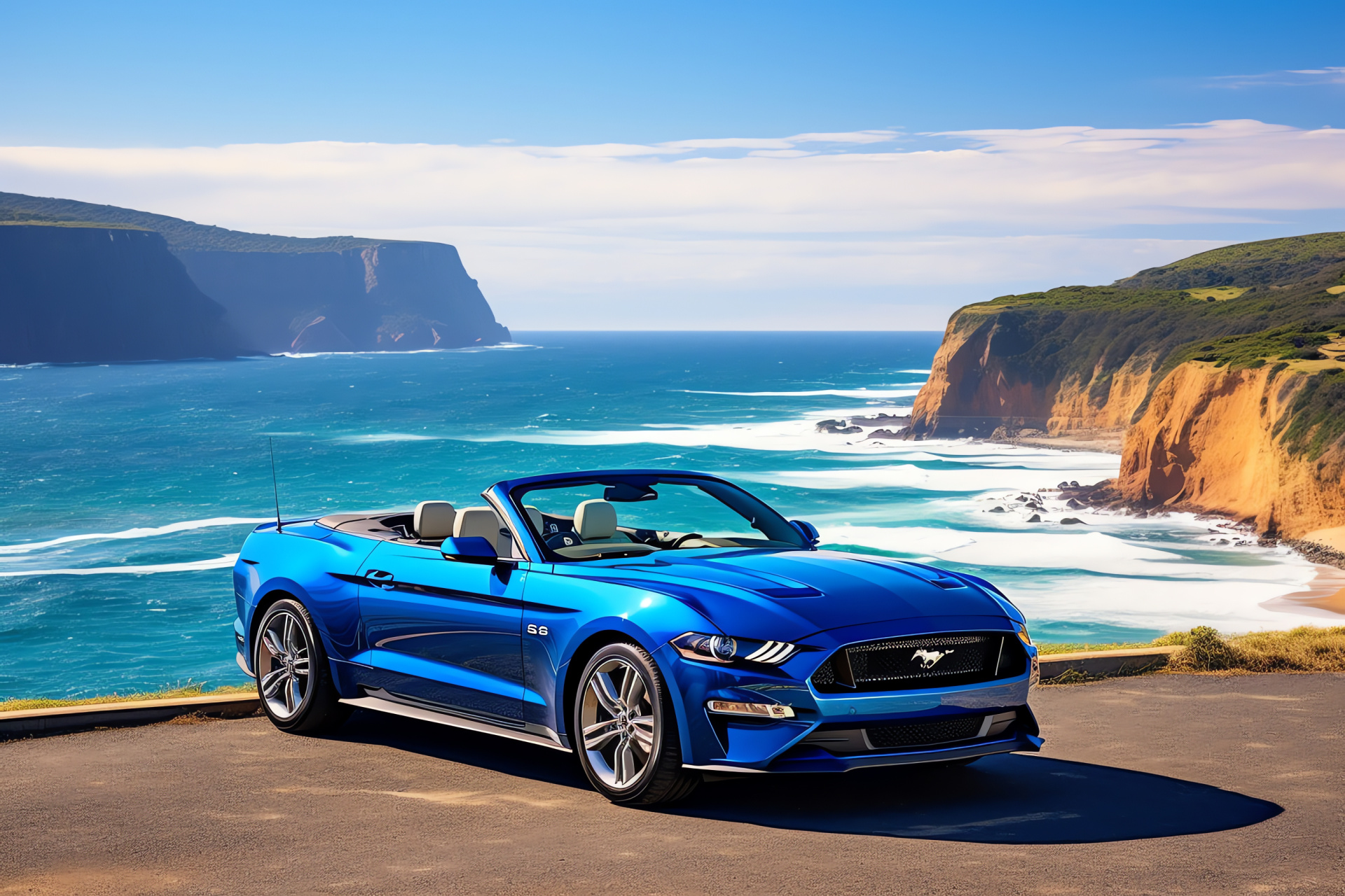 Convertible Mustang GT350, Great Ocean Road journey, Australian landscape, Radiant Velocity Blue, Open-air freedom, HD Desktop Image