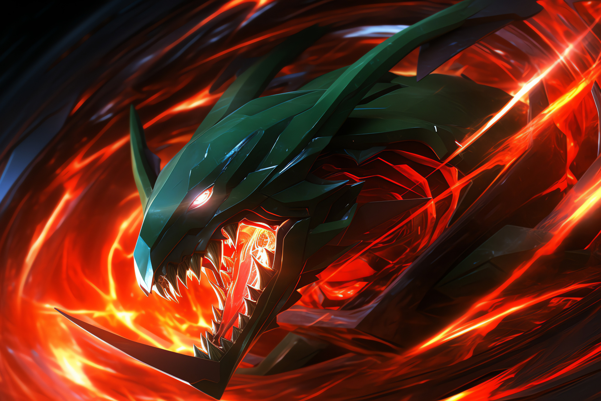 Mega Rayquaza image, Power aura, Sleek form, Intense backdrop, Dominant Pokemon, HD Desktop Image