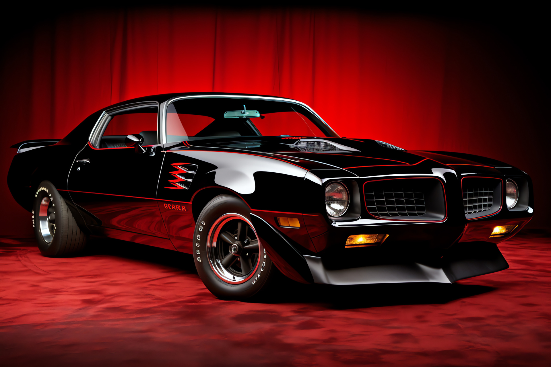 Trans Am Firebird model, Performance car elegance, Wide showcase, Polished black finish, Dramatic presentation style, HD Desktop Wallpaper