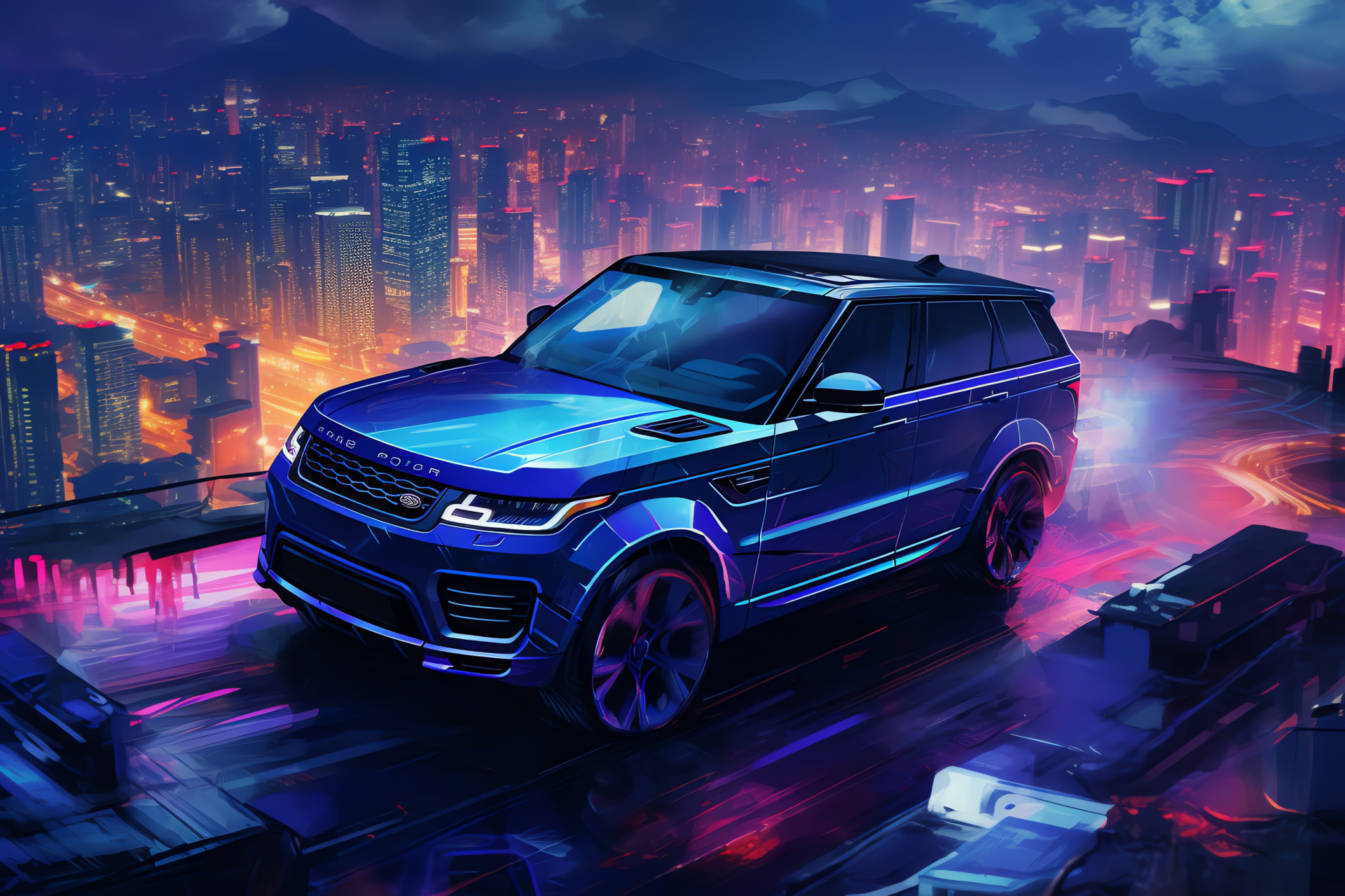 Range Rover Sport, Years 2018, urban night setting, view from the skies, blue vehicle exterior, HD Desktop Wallpaper