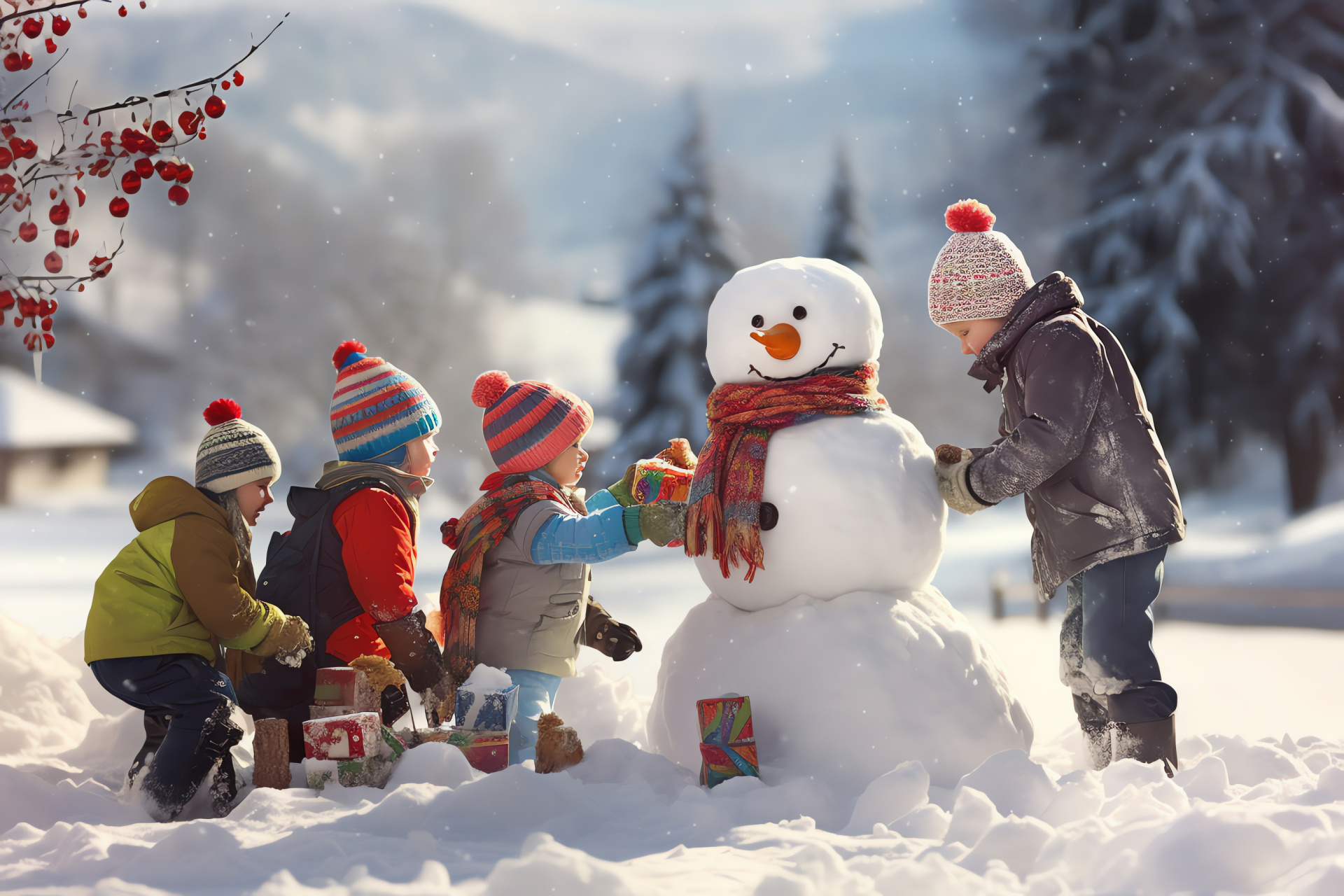 Wintry scene, happy children, festive decorations, outdoor joy, New Year's excitement, HD Desktop Image