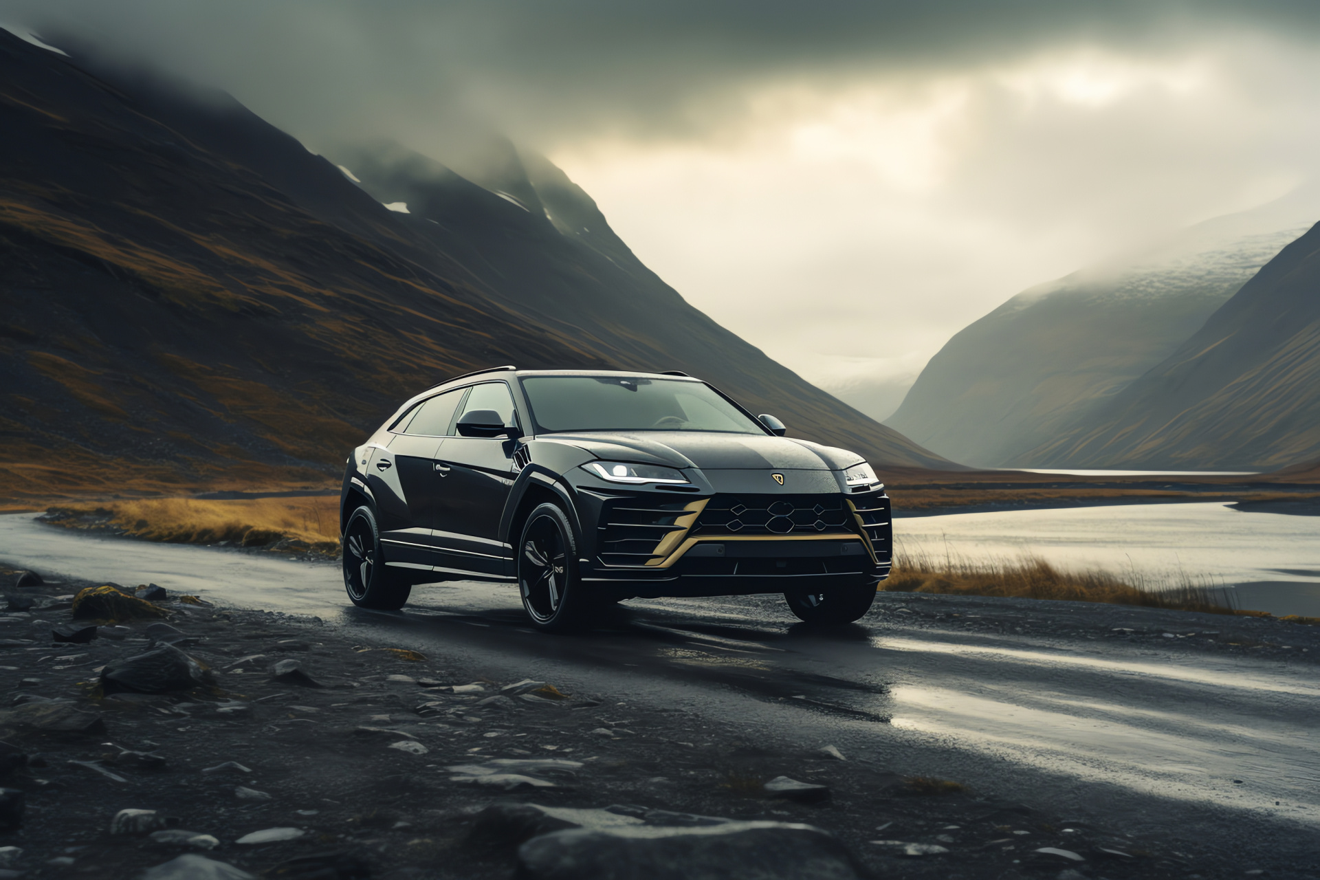 Lamborghini Urus Graphite, Rugged highland drive, Performance SUV, Scottish natural landscape, Matte vehicle finish, HD Desktop Image