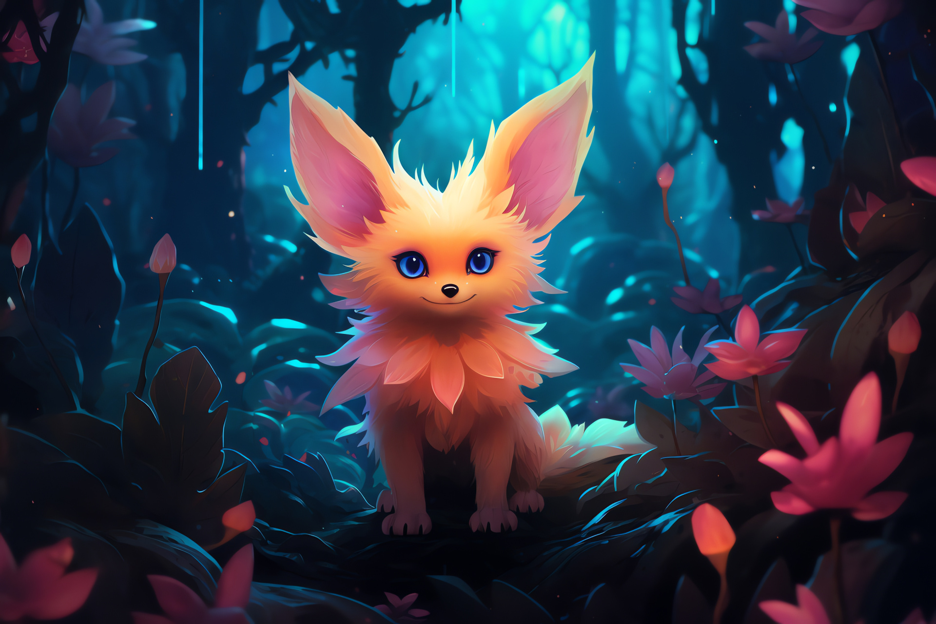 Pokemon Fennekin, Gaming creature, Enchanted woods, Luminous fauna, Fantasy environment, HD Desktop Image