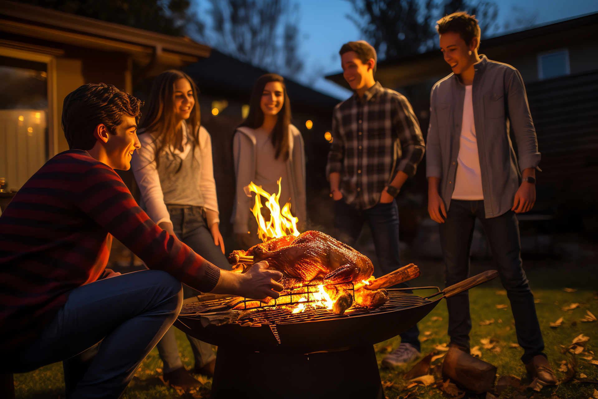 Thanksgiving gathering, friends at bonfire, spit-roasted turkey, flame's warm glow, outdoor holiday feast, HD Desktop Wallpaper